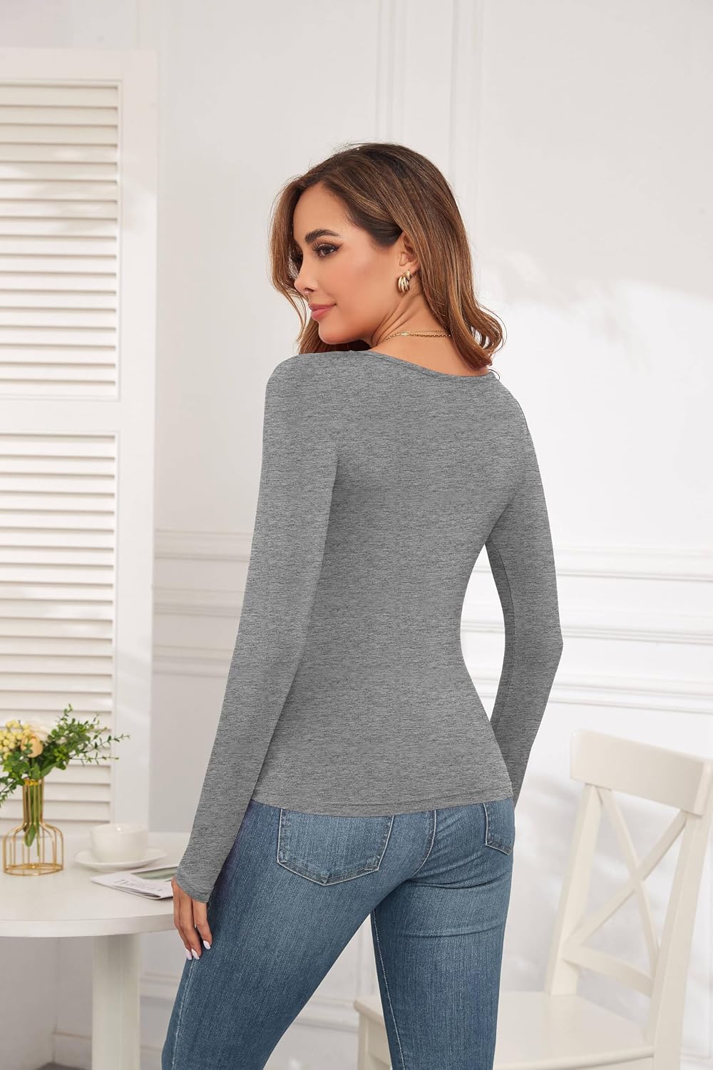 Womens Long Sleeve Tops Baselayer for Women V Neck Soft Casual Slim Stretch Underscrub