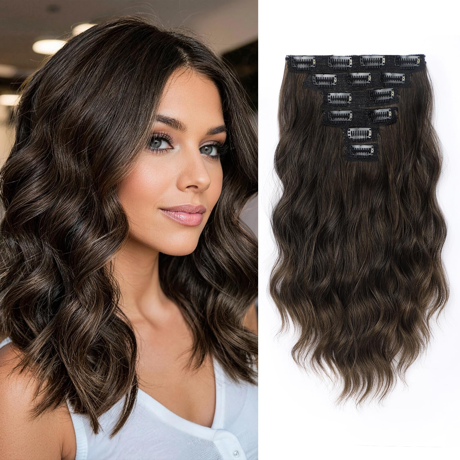 Photo 1 of ***ONLY THREE PIECES*** 
KooKaStyle Short Hair Extensions 6PCS 14 Inch Wavy Curly Hairpieces Synthetic Soft Lace Weft Clip in Hair Extensions-Dark Walnut Brown for Women