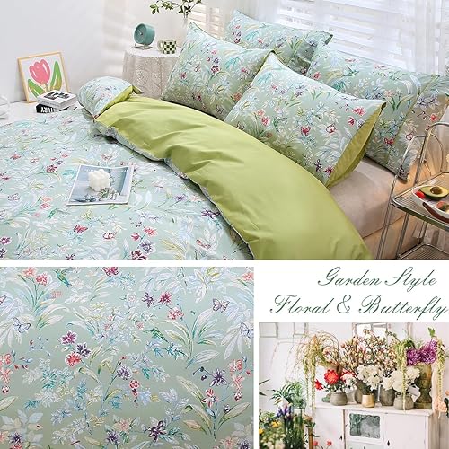 Miniatura 5 de URBONUR Juego de funda de edredón floral verde, tamaño matrimonial, 100% algodón egipcio satinado, juego de ropa de cama con estampado de mariposas