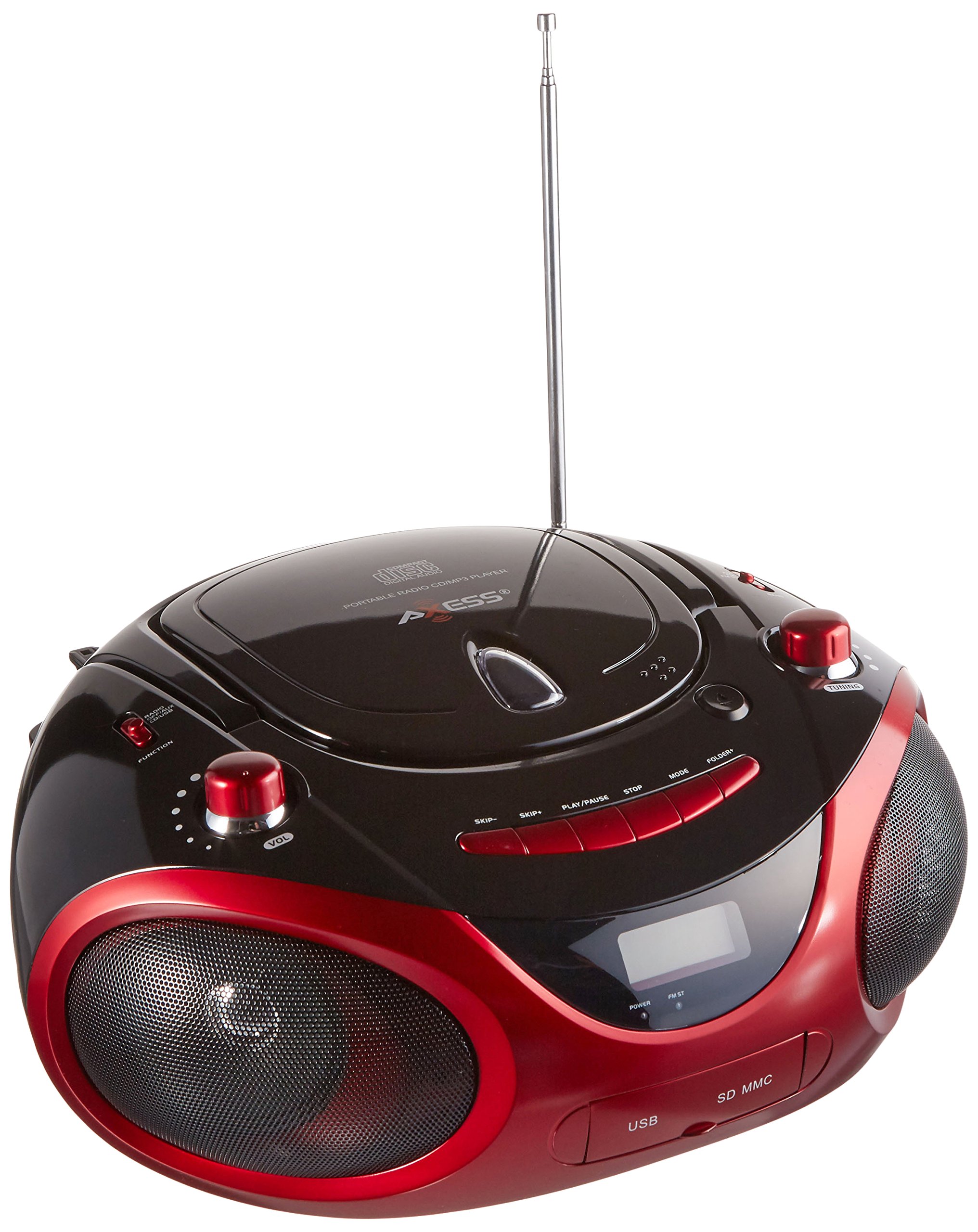 AXESS PB2703 Portable MP3/CD Boombox with AM/FM Stereo, USB, SD, MMC and AUX Inputs (Red)