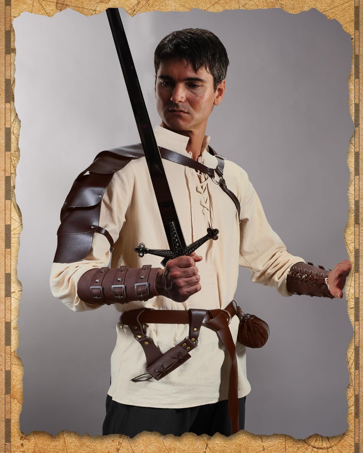 Panitay 8 Pcs Men's Renaissance Costume Set Halloween Medieval Viking Shirt Pant Belt Cape Bracer Sword Bag - Image 4