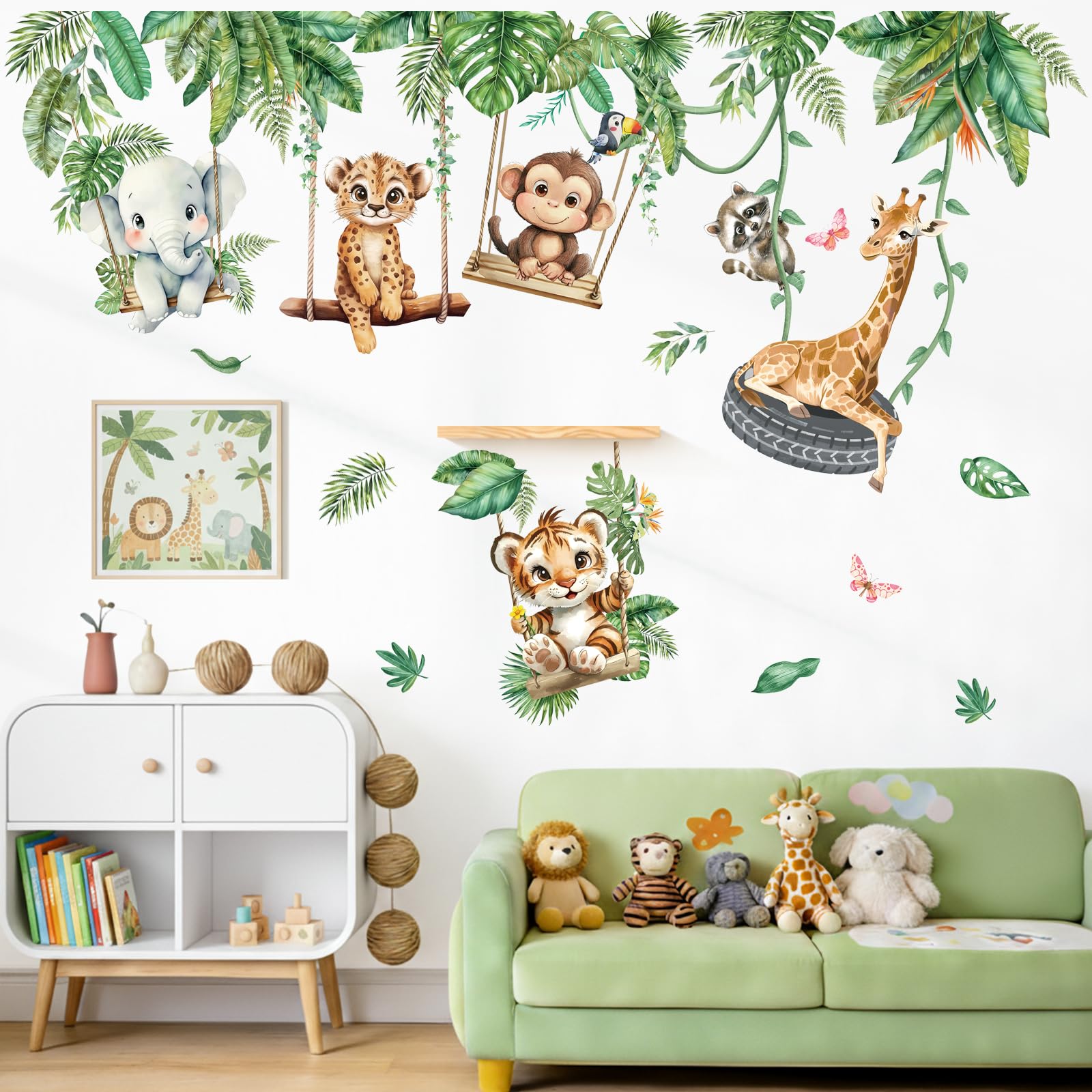 Peelora Jungle Animal on Swings Wall Stickers Safari Animal Elephant Giraffe Tiger Tropical Leaves Wall Decals Kids Room Baby Nursery Bedroom Home Decor Stickers