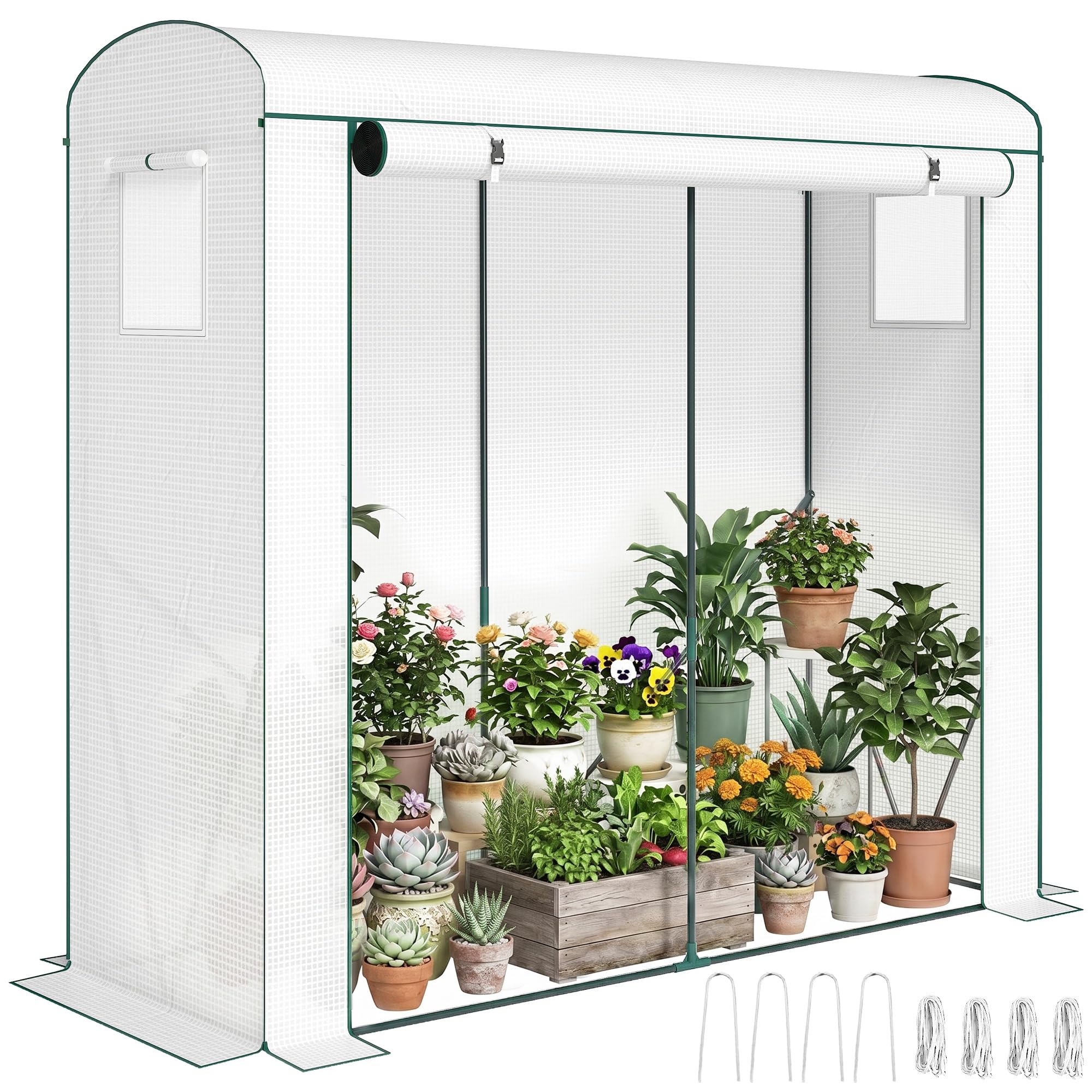 Outsunny Mini Greenhouse, Garden Tomato Growhouse with Roll-Up Door and 2 Mesh Windows, Portable Indoor Outdoor Green House with PE Cover for Garden Patio, 200 x 75 x 188 cm, White