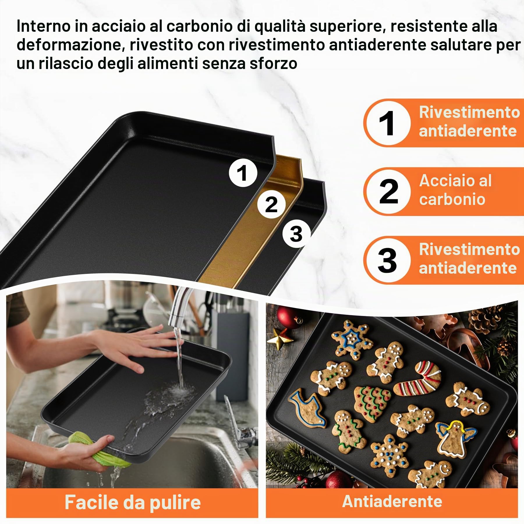 HaWare Teglia da forno antiaderente, grande set di 3, 40 x 30 x 2,5 cm, in acciaio al carbonio, per cuocere/cucinare/servire, resistente e atossica, resistente alla ruggine e facile da pulire, colore