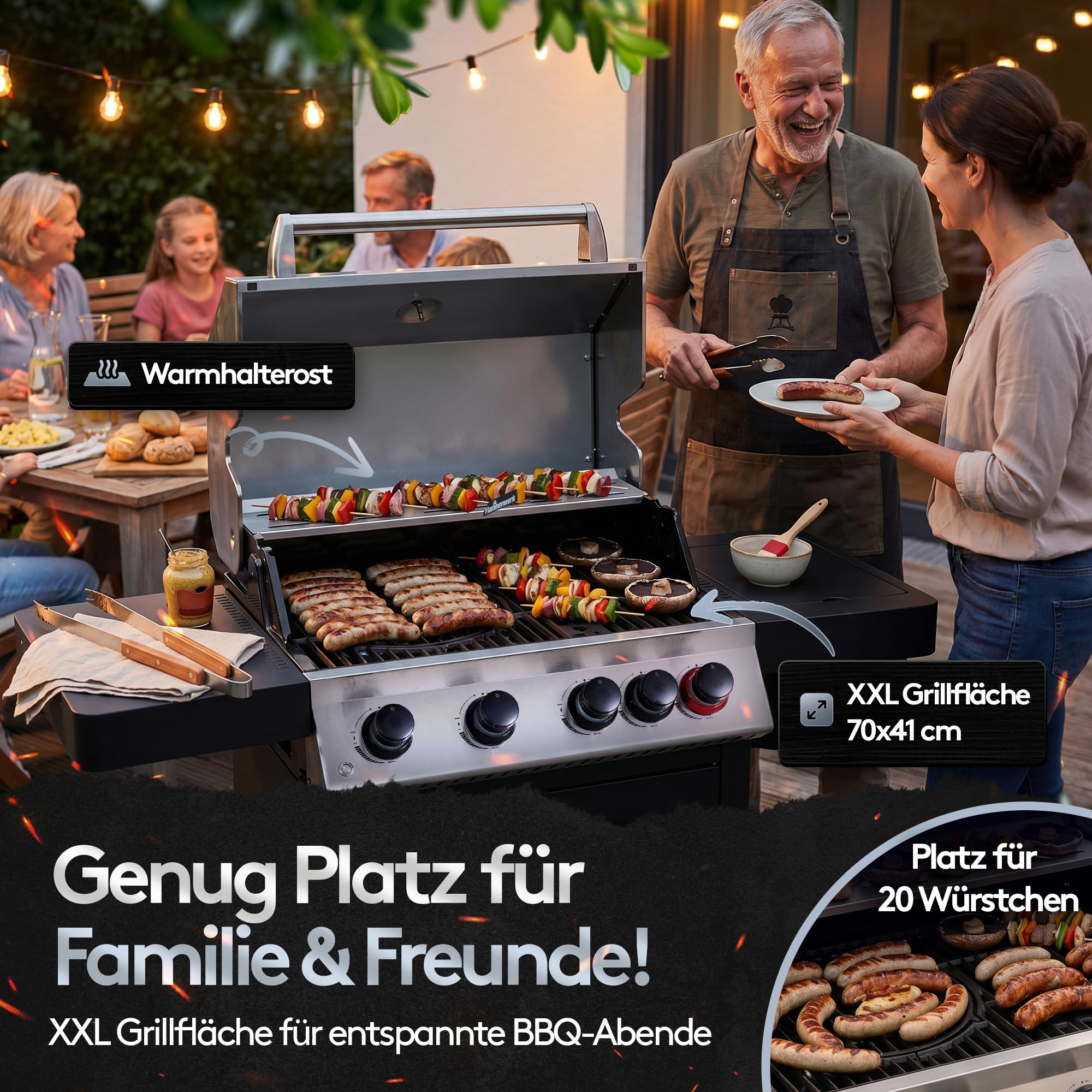 Profi Gasgrill 4 Brenner + Seitenkochfeld – 17kW Gesamtleistung, LED-Knöpfe – Hochwertiger BBQ Grillwagen mit Deckel - Gusseisenrost & Warmhalterost