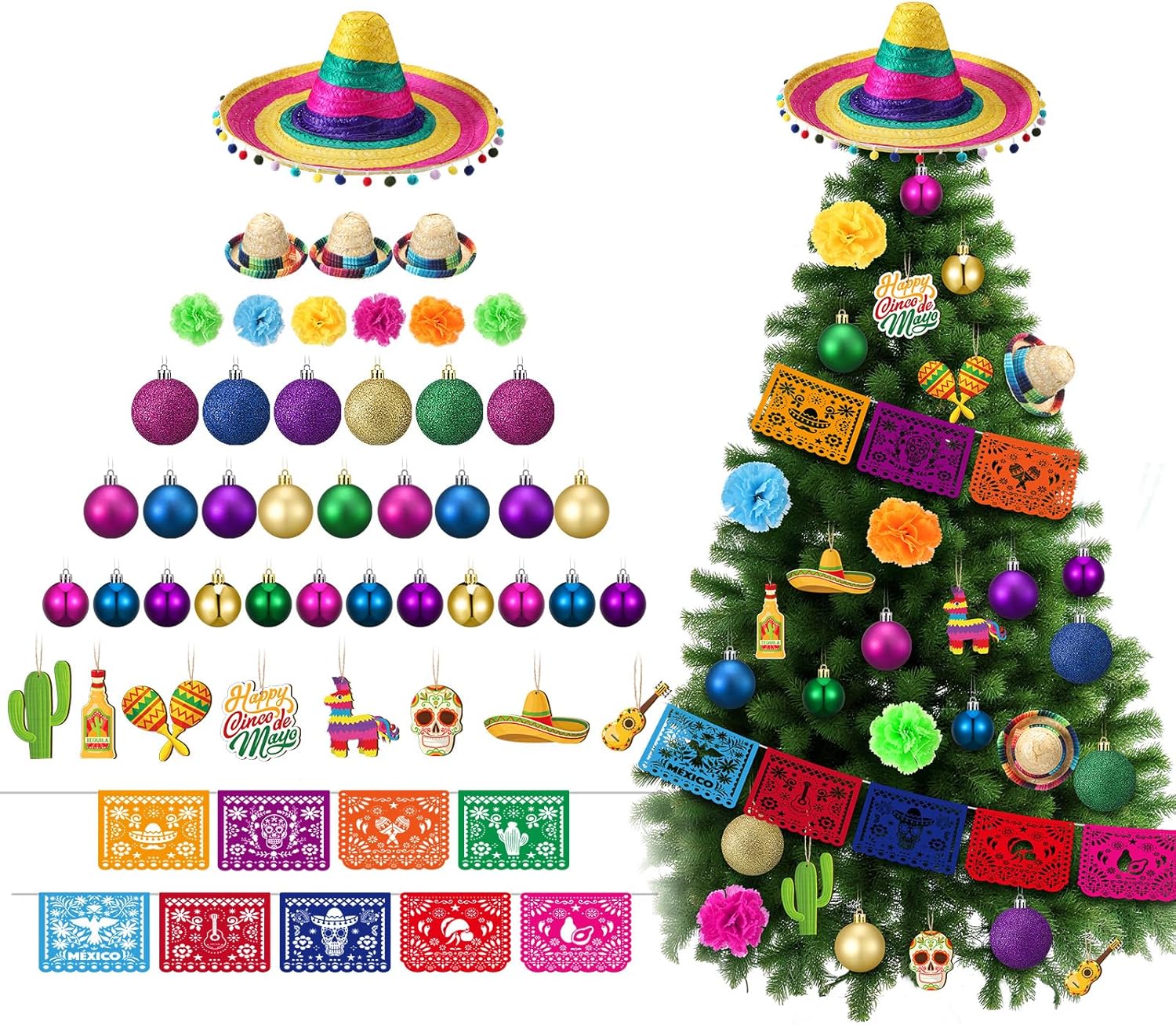 Suncalla Cinco De Mayo Party Decorations Set Mexican Party Decor Includes 4 Sombrero Hats, 2 Papel Picado Banners, 15 Hanging Balls, 16 Ornaments, 10 Marigolds