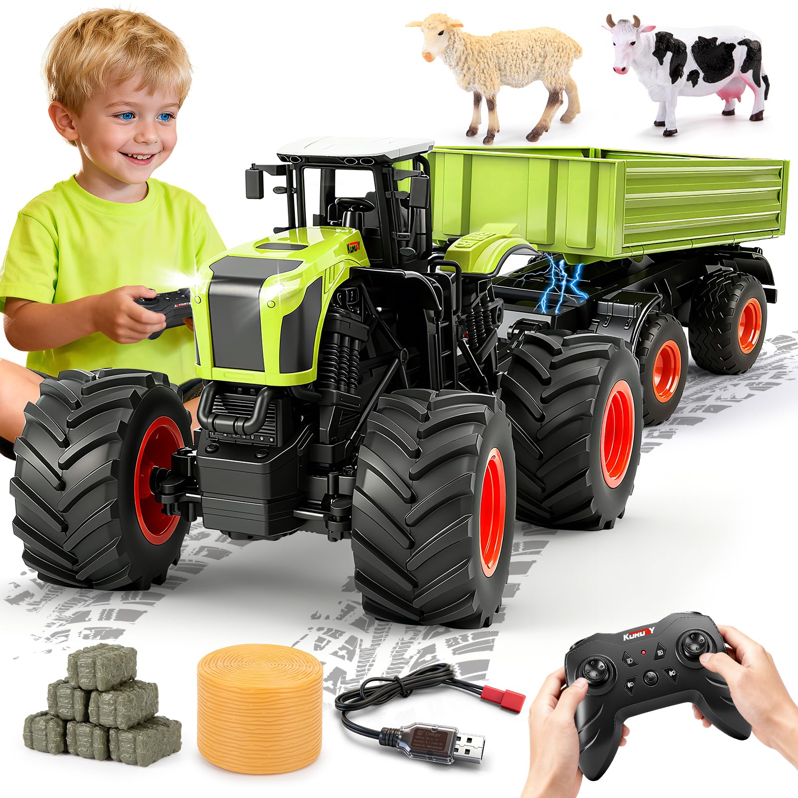 Ulikey Tractor Teledirigido para Niños, 1:16 2,4 GHz Tractor RC Juguete con Mando, Remolque, Vaca, Ovejas, Heno para Niños 4, 5, 6 Años