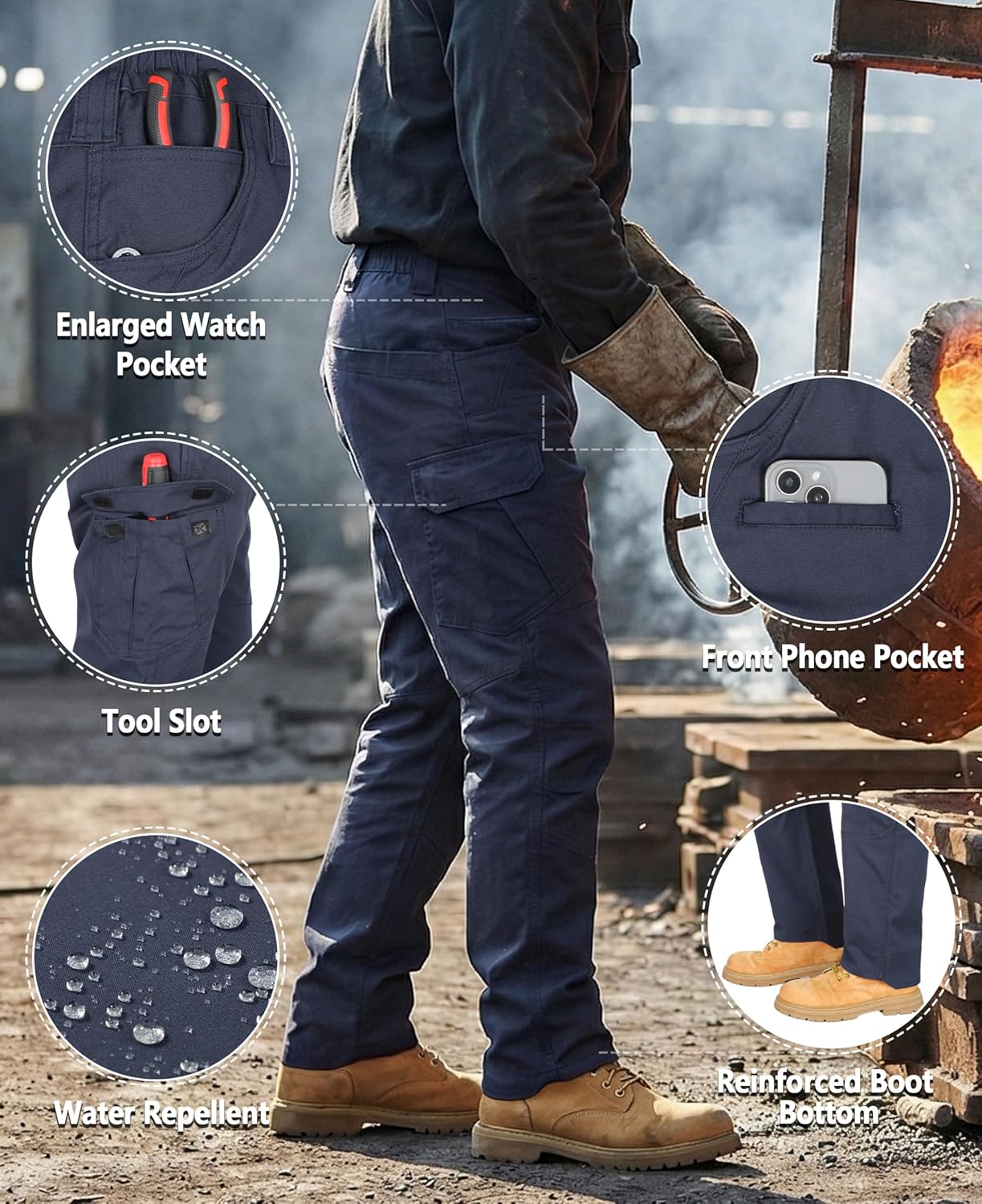 BOCOMAL FR Pants for Men Cargo Pockets Dura-Stretch Rip-Stop Soft Flame Resistant Reinforced Work Jeans Relaxed Fit - Image 4