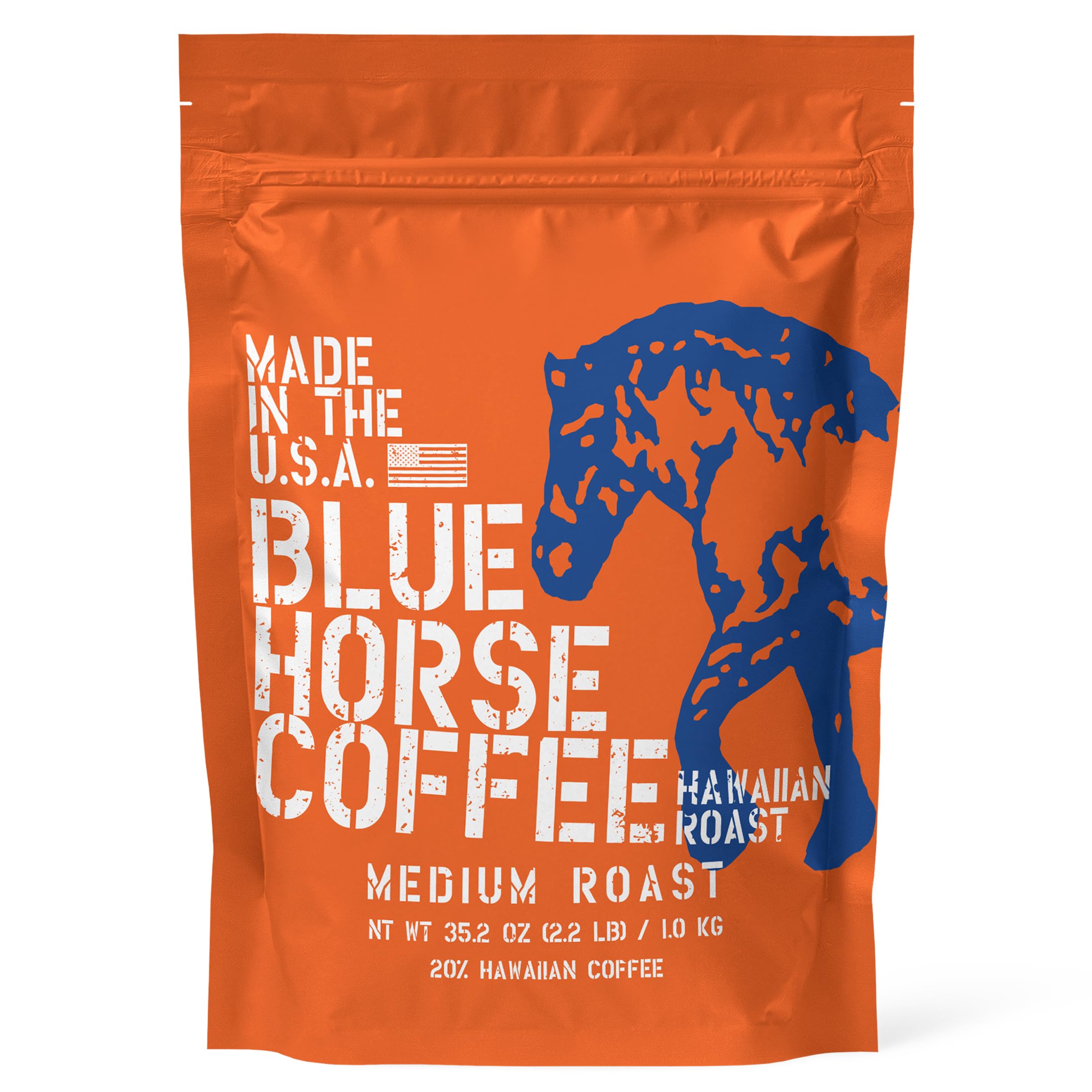 Blue Horse 'Gentle Giant' Hawaiian Roast, Arabica Whole Beans Blend (20% Kona), Medium Roast, 2.2 Lbs (35 oz), Farm-Fresh Arabica Coffee, Smooth & Bold Flavor with Rich Aroma