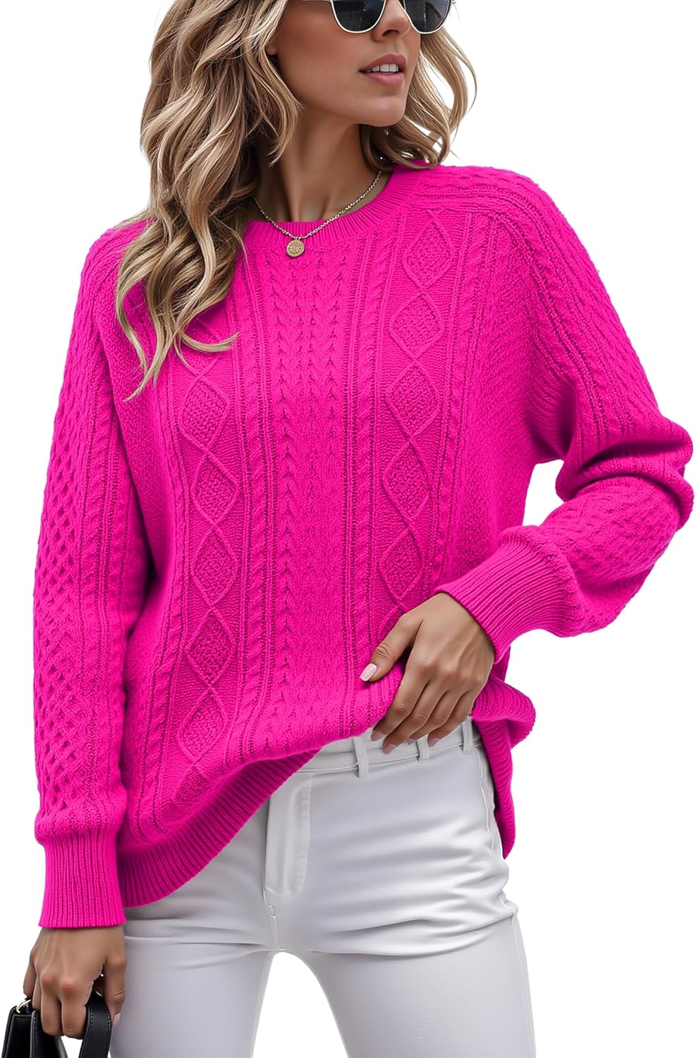 Jouica Women's Cable Knit Crewneck Sweaters Casual Long Sleeve Lightweight Ribbed Pullover Fall Outfits for Women 2025