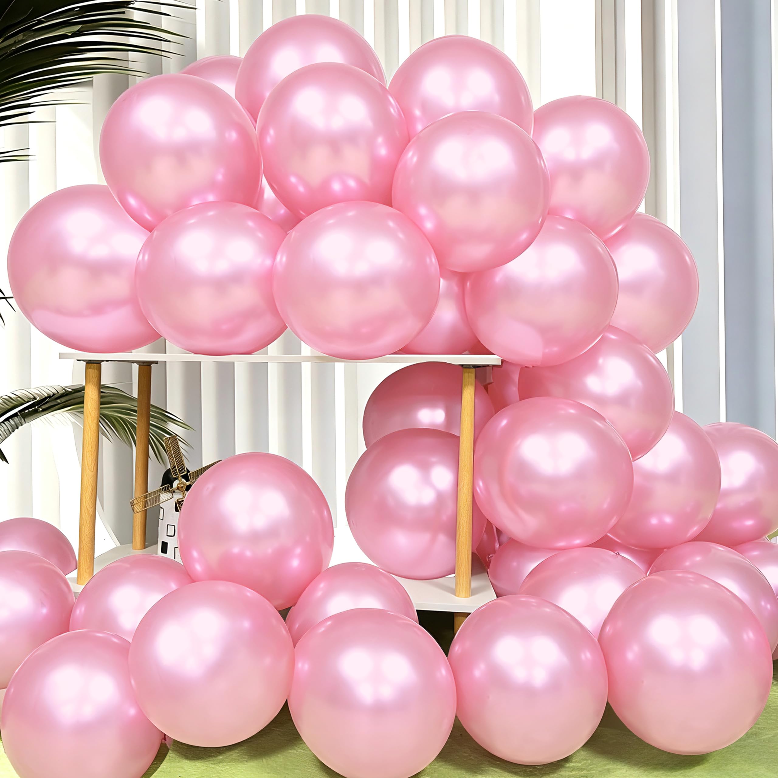 Firomi Pearl Light Pink Balloons 12-inch 100 Pack (with 3 Ribbons)
