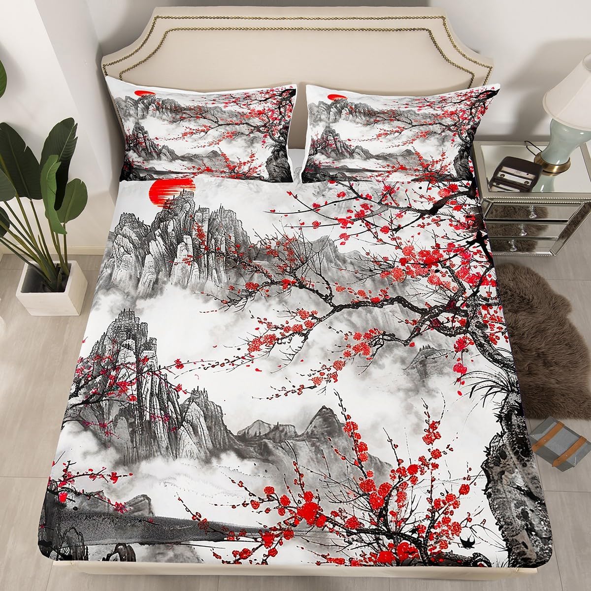 Feelyou Cherry Blossoms Sheet Set Queen Size Kids Japanese Style Sheets with Deep Pocket Fitted Sheet for Boys Girls Fuji Mountain Decor Home Decor Bed Sheets Set Red Sun Ink Painting Down Bedding Set
