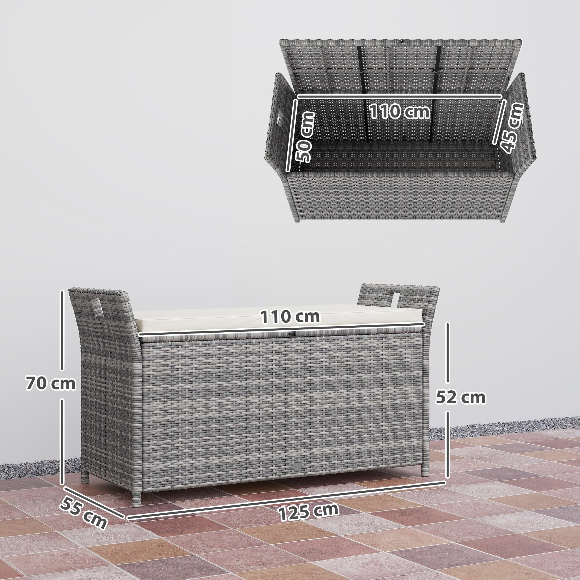 Outsunny Coffre de Rangement Extérieur 250L 125 x 55 x 70 cm crème et Gris | en Résine Tressée, Banc de Rangement, Coussin Amovible, Jardin Balcon Patio