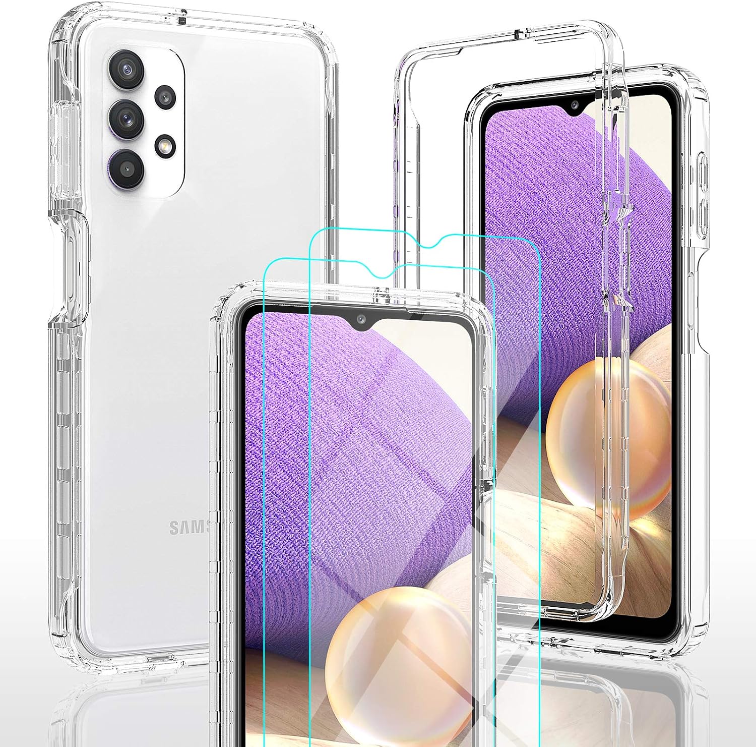 UNPEY for Samsung Galaxy A32 5G Case, Crystal Clear Phone Case Full Body Rugged Cover Slim Shockproof Phone Bumper with [2 Tempered Glass Screen Protector] [Hard PC+Soft TPU ]- (6.5'' 2021)