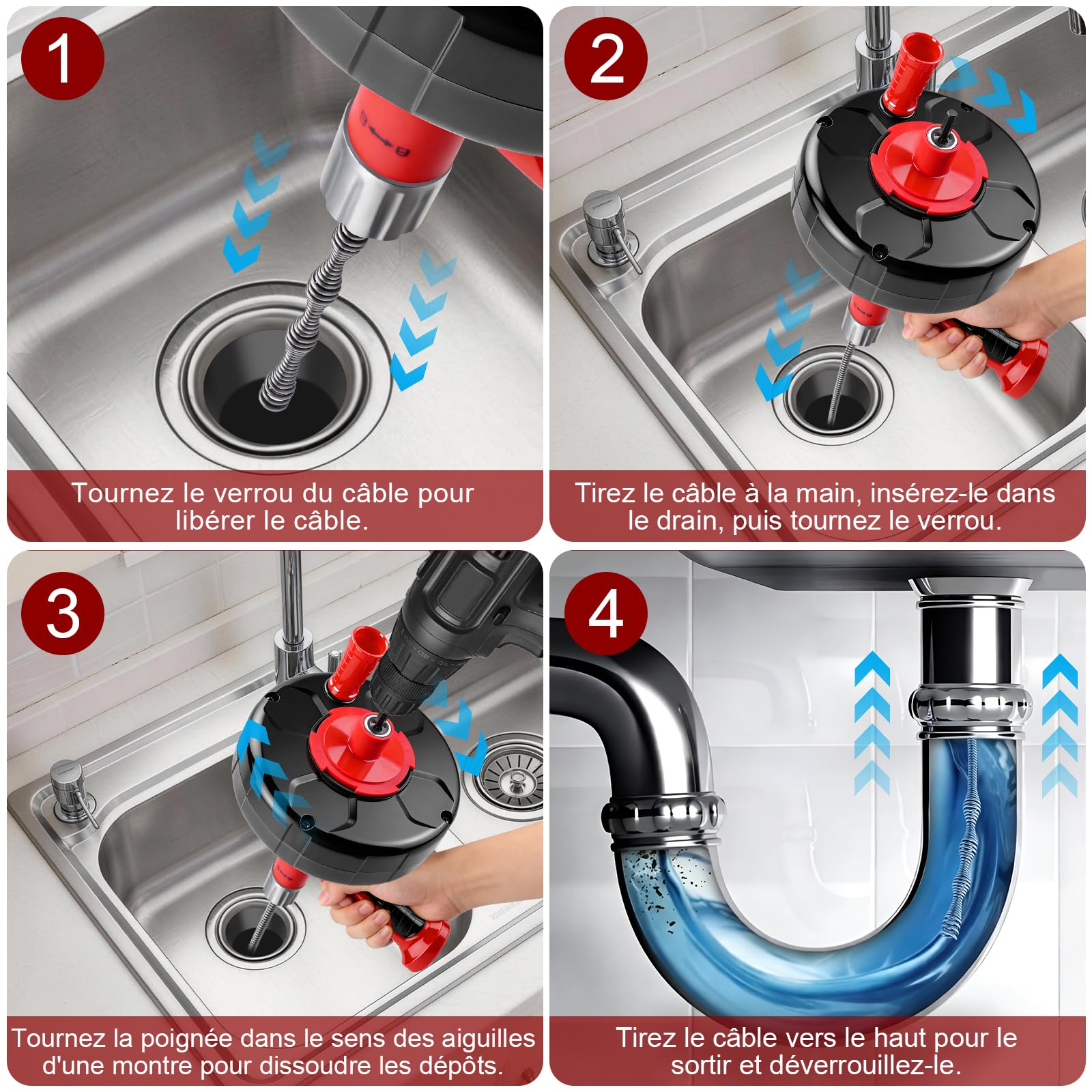 XIIW Furet Deboucheur Canalisation 2 en 1 Manuel & Sur Perceuse[Adaptateur inclus] - 9,5m Flexible Spirale Nettoyeur pour Canalisations – Facile à utiliser – Outil Plomberie pour Évier Douche Lavabo | Déboucheur de canalisations en spirale écologique pour