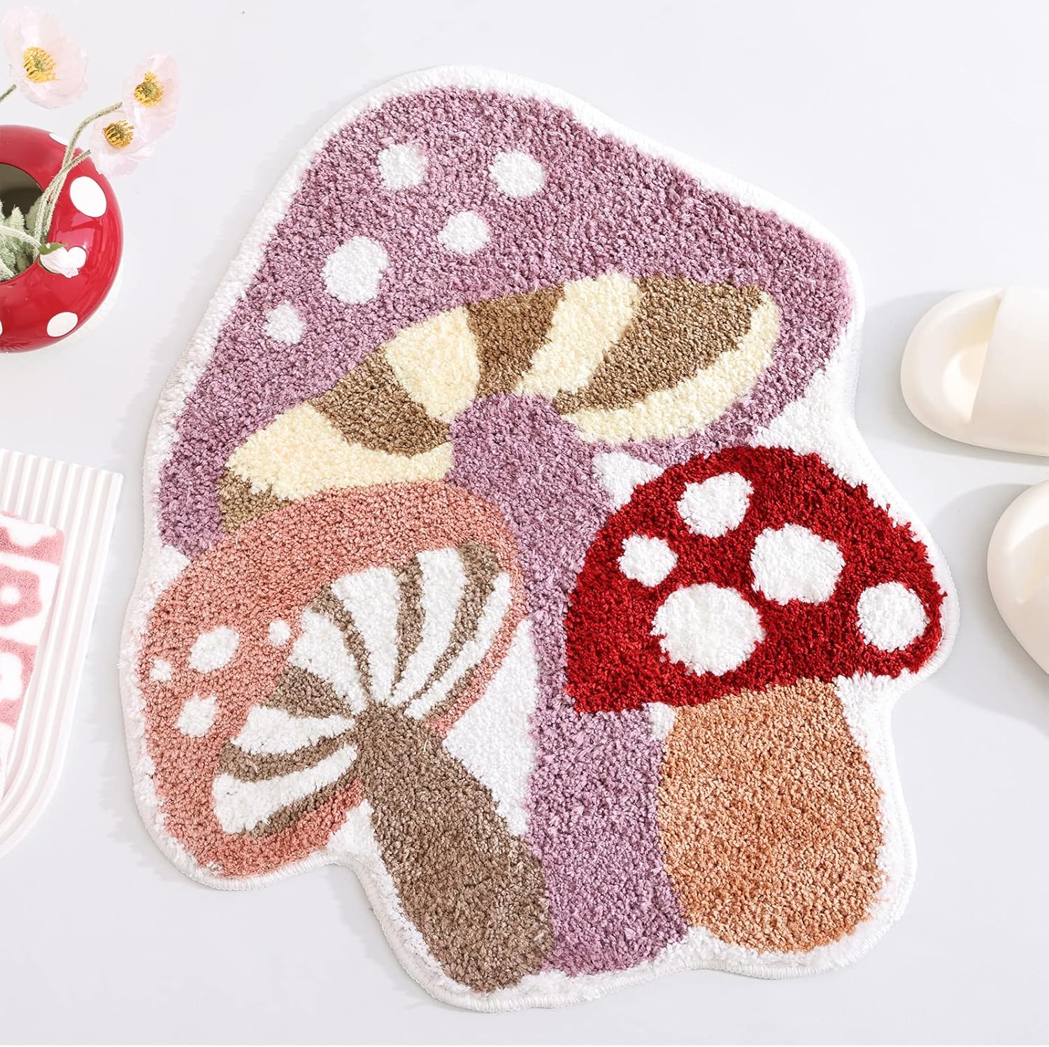 TRUEDAYS Cute Non Slip Kids Bath Mat - Strong Absorbent Soft Washable Purple Mushroom Boho Bath Rug for Tub, Shower & Bathroom