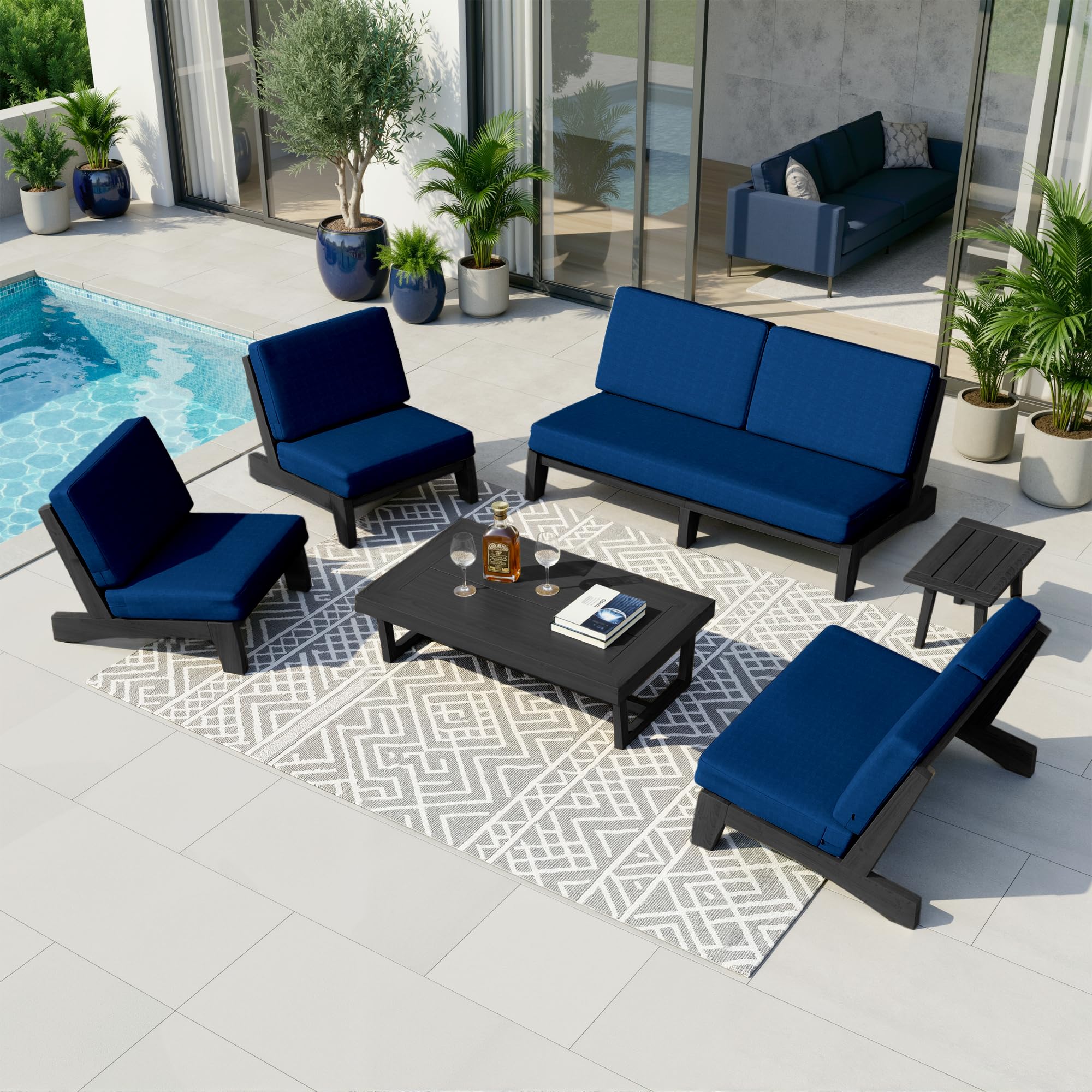 Pia Ricoo 6-Piece Patio Furniture Set, Outdoor Sofa with Split Back Loveseat, 2 Chairs, Coffee Table &amp; Side Table, Conversation Set for Backyard/Deck/Lawn - Navy/Dark