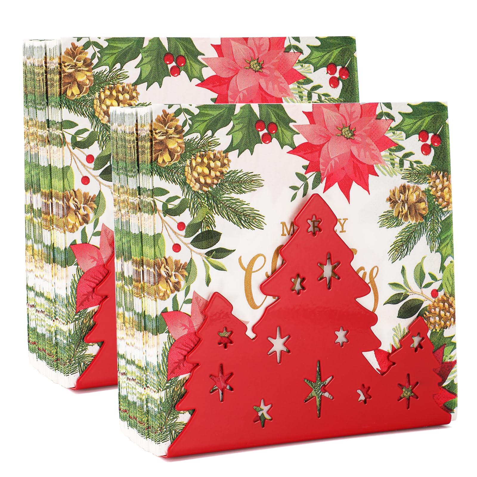 2 Pack Christmas Napkin Holders for Table, Tissue Dispenser for Kitchen Countertop/Restaurant, Stainless Steel Paper Napkin Storage and Organization for Tabletop Decoration (Red)