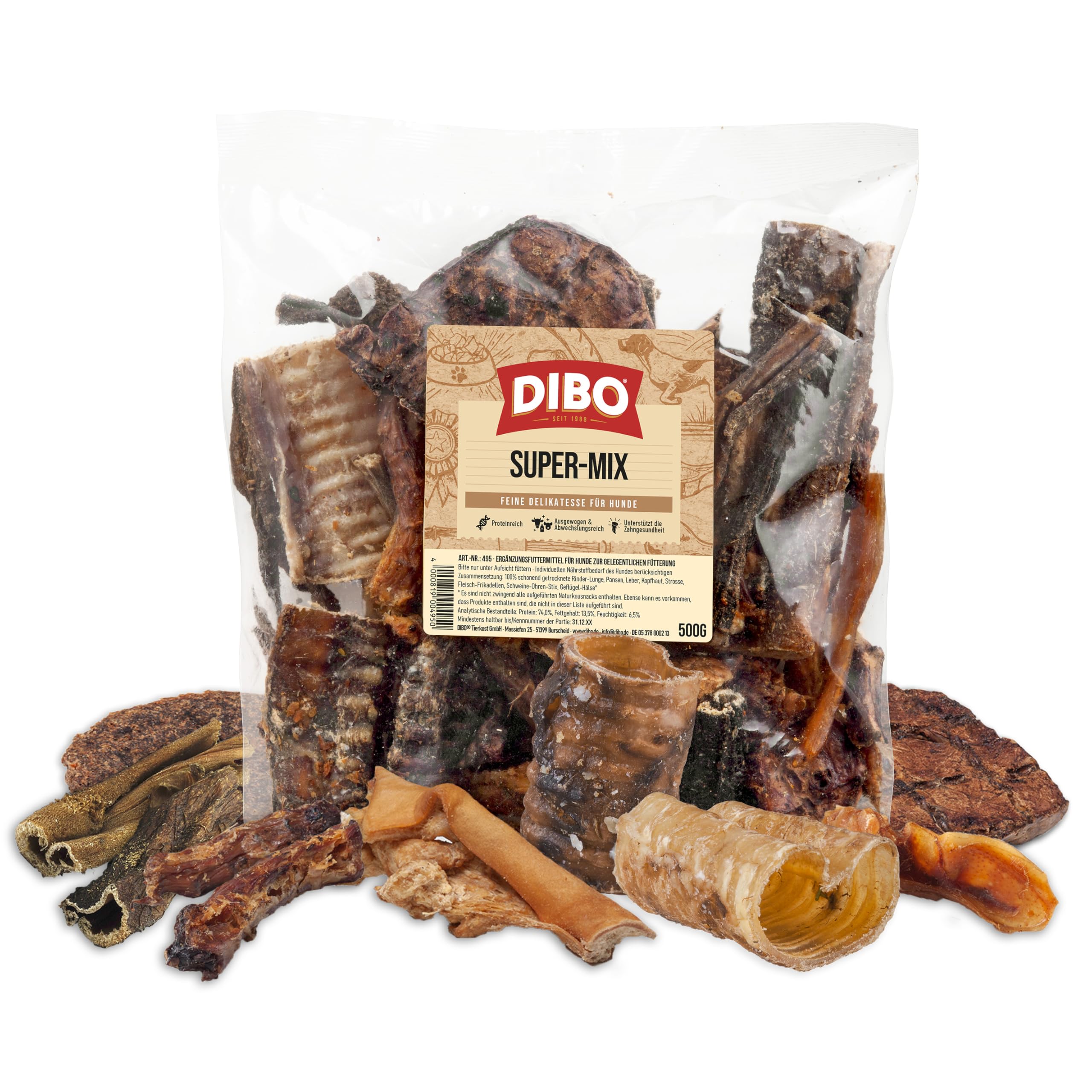 DIBO Super-Mix, 500g-Beutel, der kleine Naturkau-Snack oder Leckerli für Zwischendurch, Hundefutter, Qualitätskauartikel ohne Chemie, von allem etwas zum Probieren!