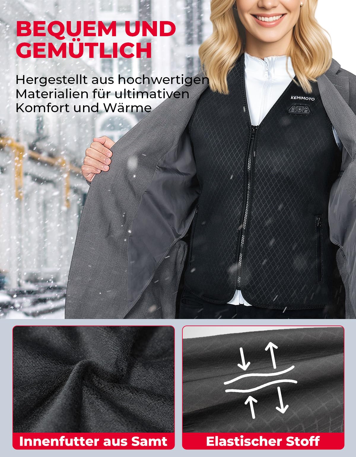 KEMIMOTO Beheizbare Weste für Damen, Beheizte Weste mit 6 Heizzonen, 3 Einstellbare Heizstufen, Elektrische Heziweste Winter mit USB, für Motorrad, Outdoor, Camping, Skifahren, Wandern(OHNE AKKU)