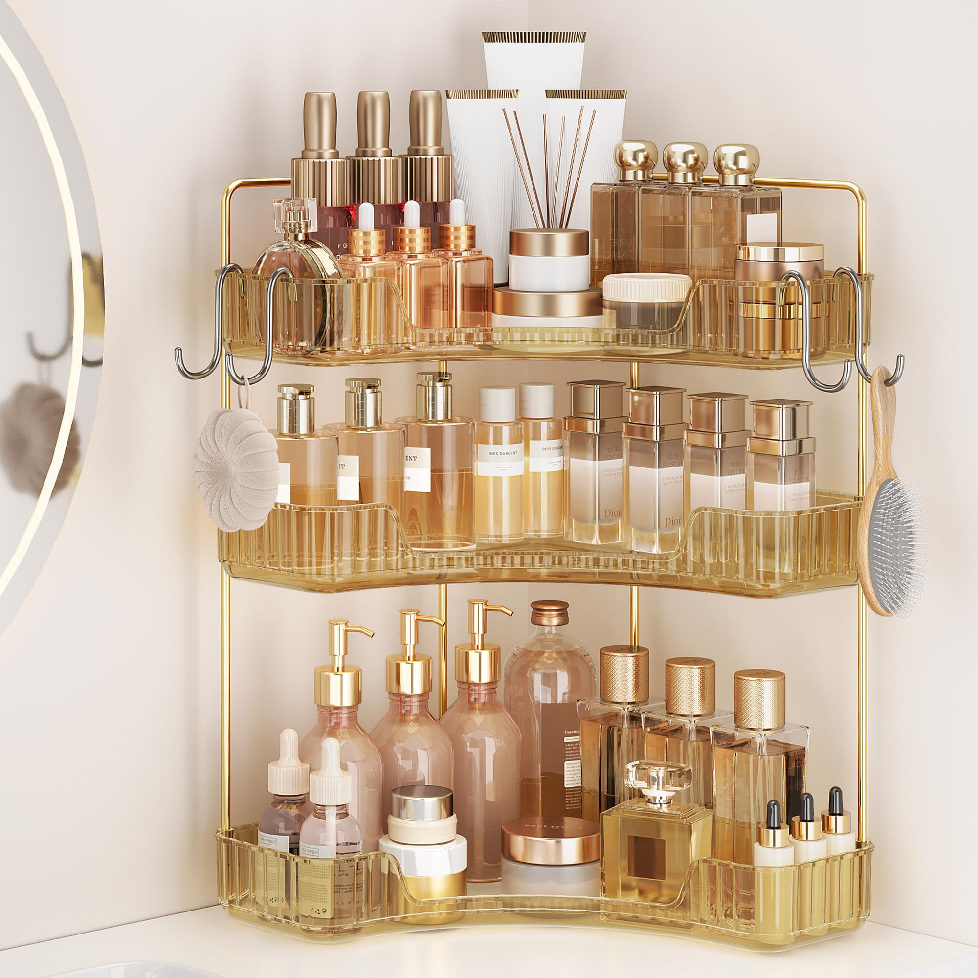 Gold 3 Tiers Bathroom Corner Organizer, Bathroom &amp; Kitchen Tray