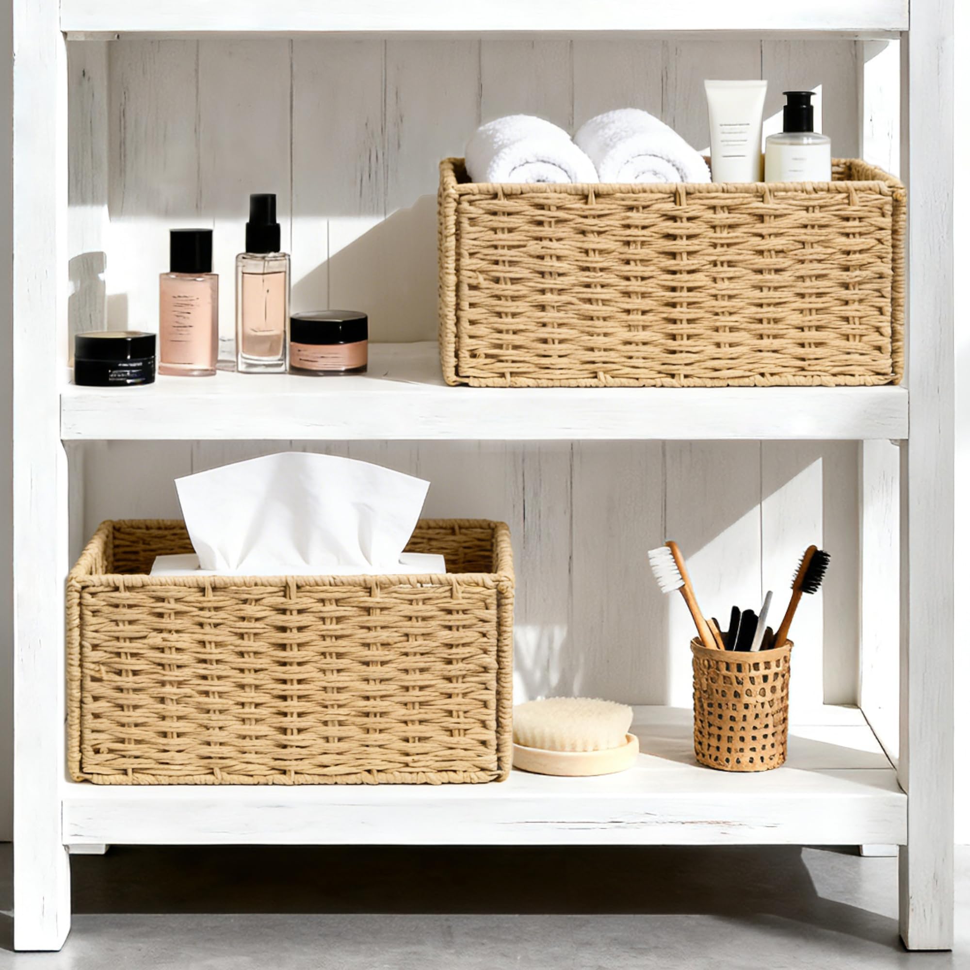 Cesto Portaoggetti Intrecciato in Carta di Giacinto d'acqua, Set di 2 Cesto Vimini Rettangolare, Cestino Vimini Pieghevole Bagno 31x22.5x15 cm, Cestino Portaoggetti per Scaffale Kallax
