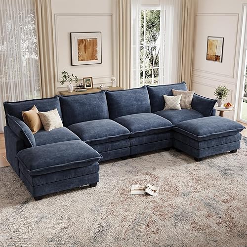 Modular Sectional U Shaped Sofa Couches for Living Room, Cloud Couch with Movable Ottoman, Comfy Chenille Sofa with Pillow for Bedroom and Apartment, Blue