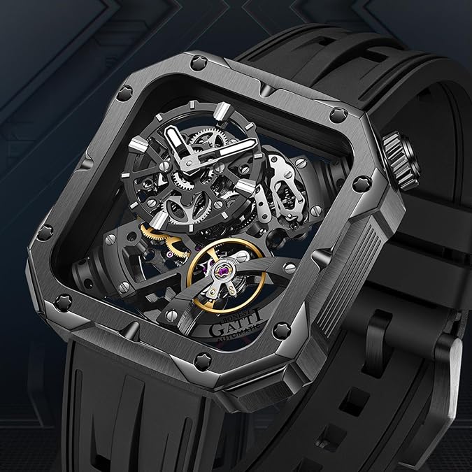 Automatic Square Skeleton Watch for Men, Mechanical