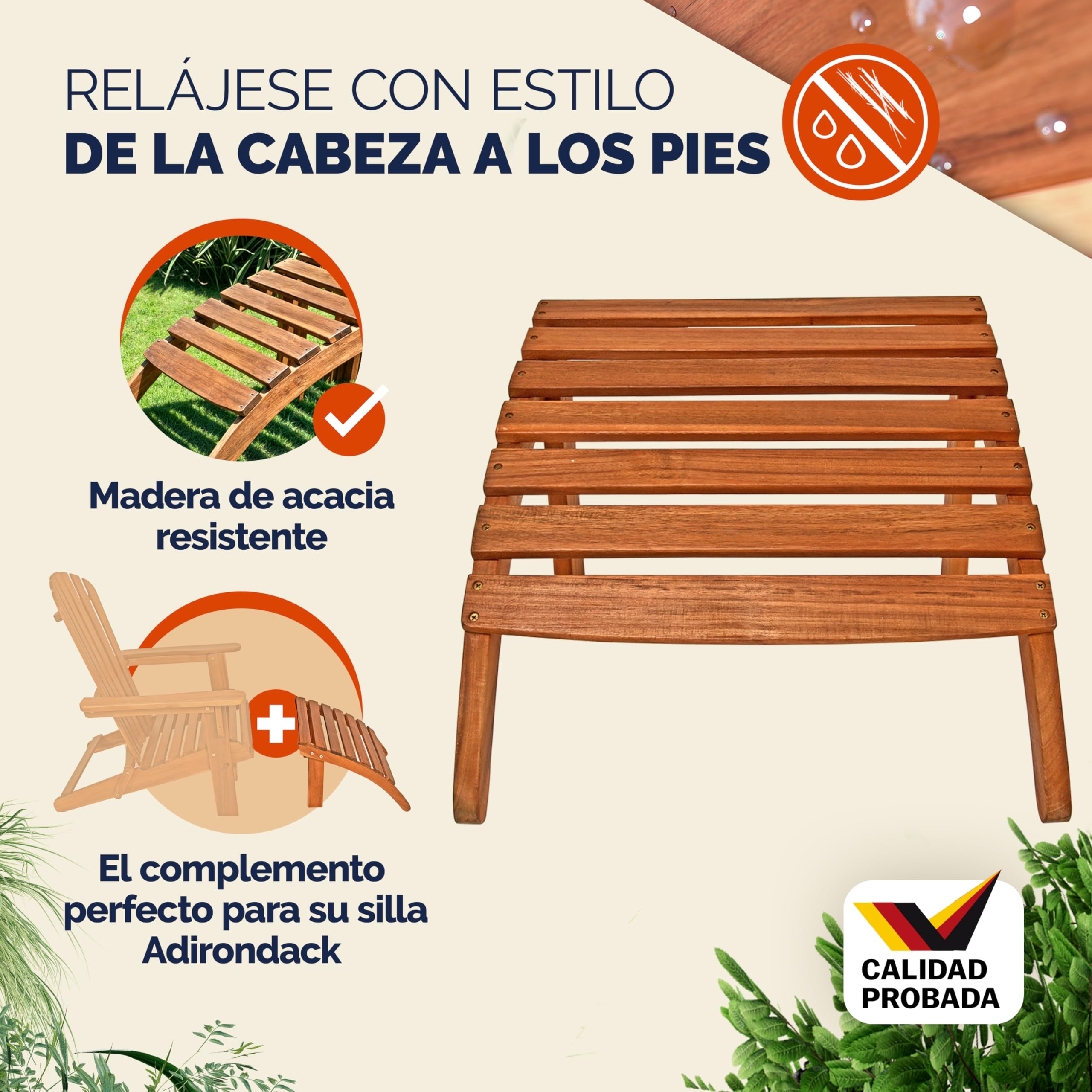 CASARIA Reposapiés para Silla de Madera de Acacia Adirondack 7 Travesaños 48x46x32cm Resistente Intemperie