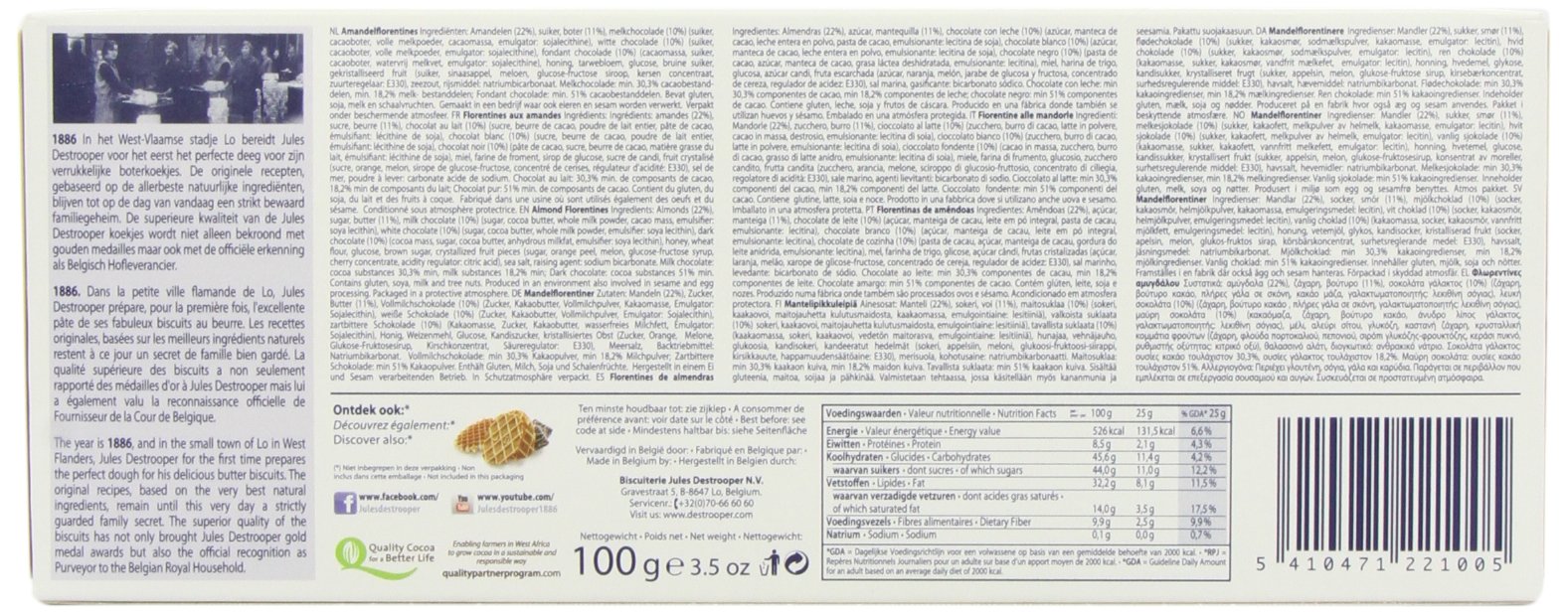 Jules Destrooper - Florentinas de almendras parcialmente recubiertas de tres chocolates y caramelo 100g/ud - Pack 12uds
