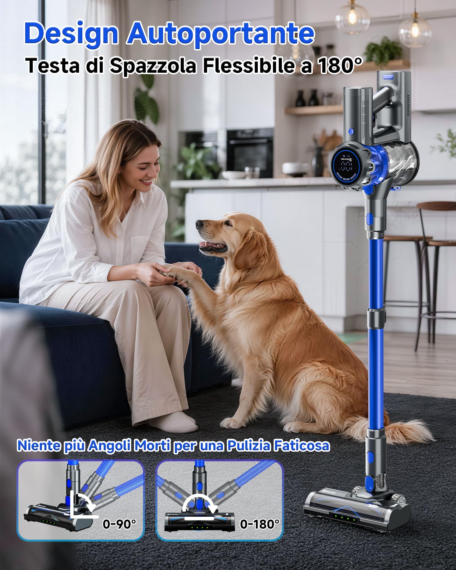Aspirapolvere Senza Fili, con Display LED, 1,6 L Capacità, Anti-Enmêlement | Autoportante, Leggera, 45kPa/60min, Filtrazione multistadio, LED Verde, Per Animali/Pavimenti/Tappeti/Auto