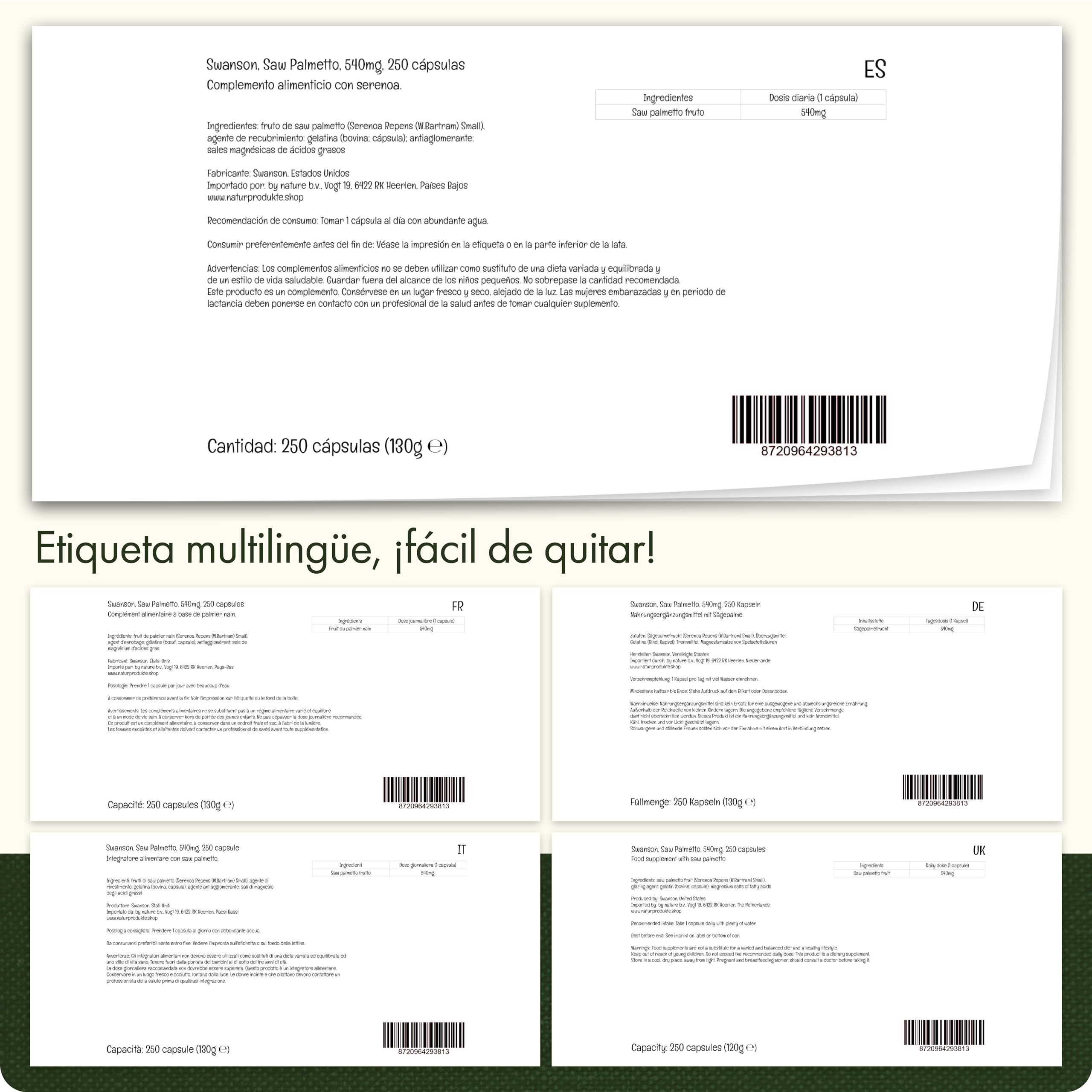 Swanson, Saw Palmetto, 540mg, 250 Cápsulas, Altamente Dosificado, Testado en Laboratorio, Sin Soja, Sin Gluten, Sin OGM