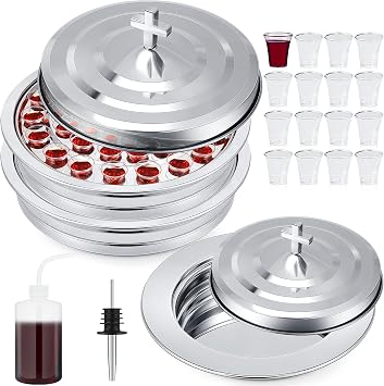 Zhehao 3 Pcs Communion Tray Set for Church, Tray & Plates with Lids, Silver