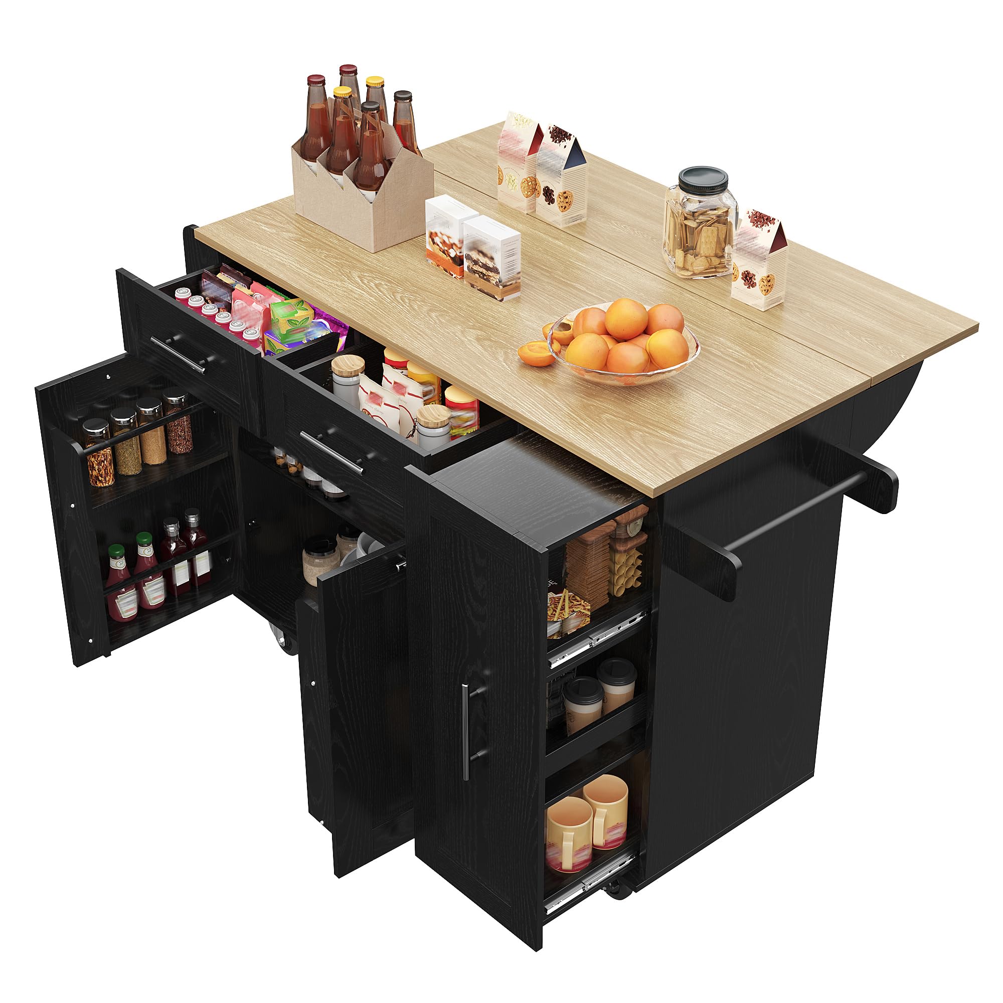 Isola da cucina moderna con venature del legno, nero, armadio da cucina, armadietto da buffet, carrello da pranzo con ripiani per snack e armadi funzionali