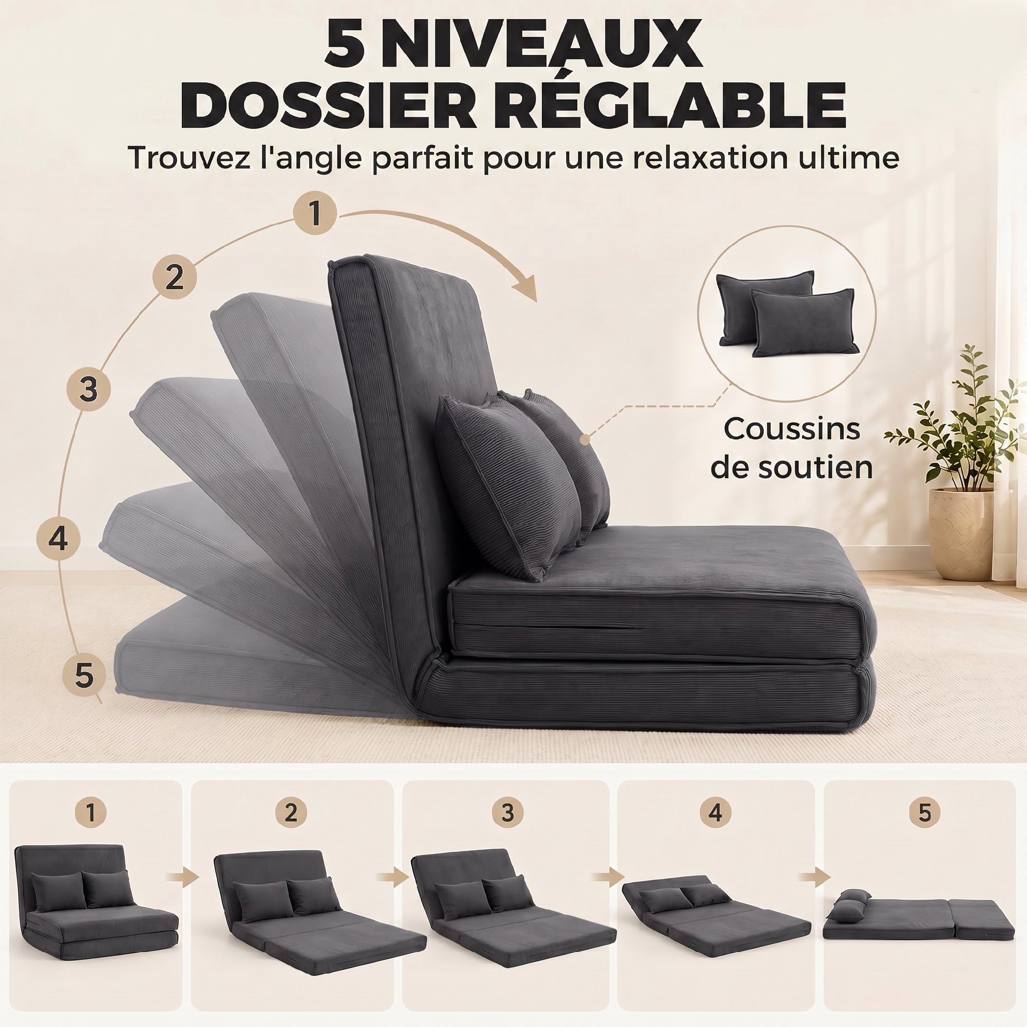 HOMCOM Canapé-Lit Pliant 2 Places Convertible Velours Côtelé Gris Foncé