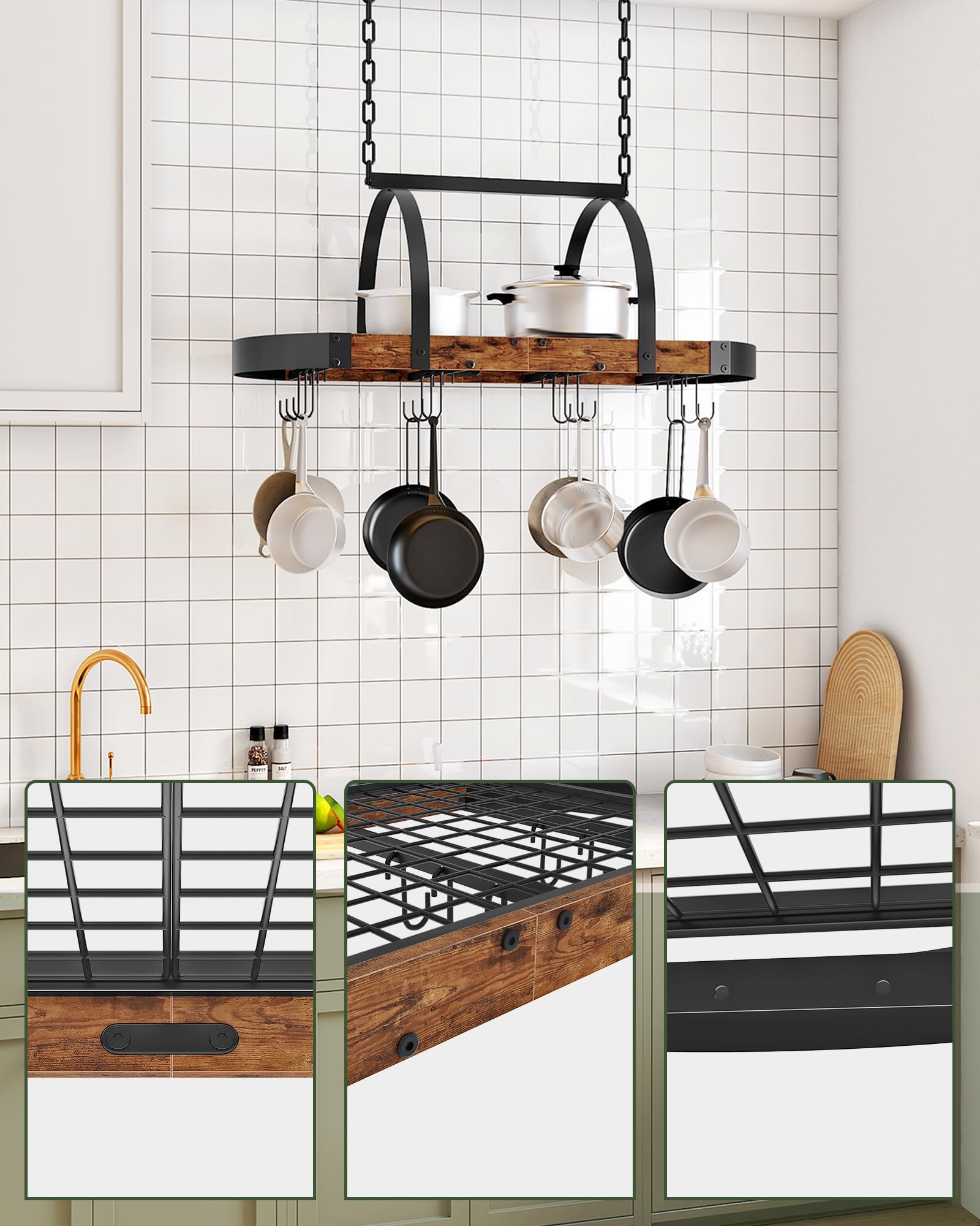 CHOEZON Porte-Casserole suspendu, Rangement de Cuisine, Support à poêle suspendu au plafond avec 12 crochets, pour ustensiles, gain d’espace, Marron Rustique et Noir DTPR08BFC1
