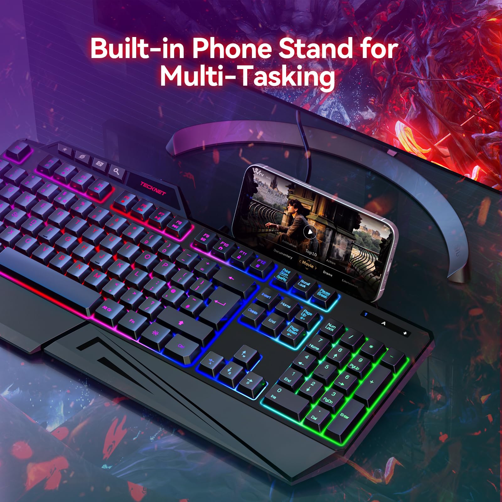 TECKNET Wired Gaming Keyboard, 26-Key Anti-Ghosting RGB Keyboard, Ergonomic Design with Phone Holder & Wrist Rest, Dedicated Shortcut Keys & Spill-Resistant Backlit Keyboards for PC/PS5/Xbox — view 4