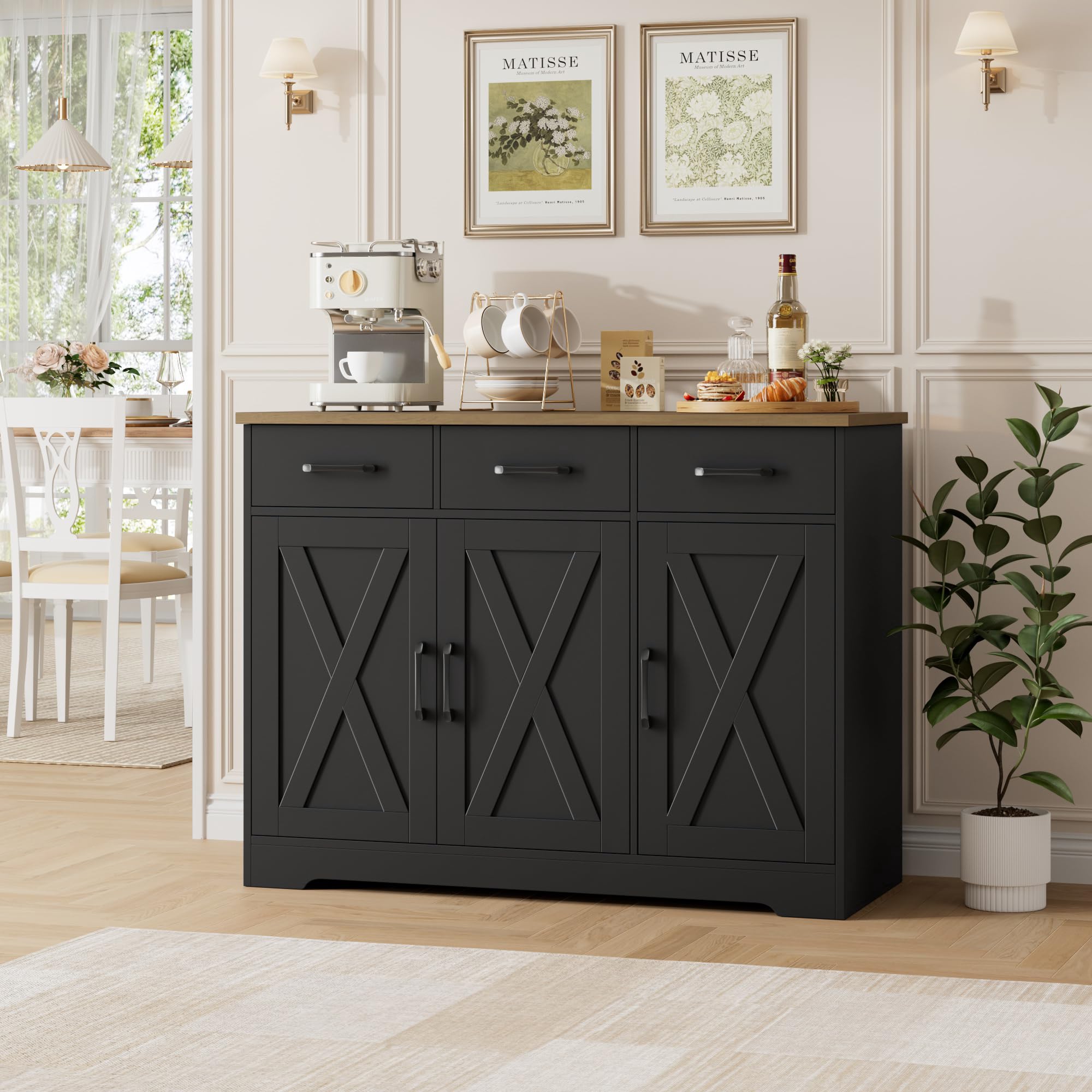 HOCSOK Aparador Cocina, Armario de Cocina con 3 Cajones y 3 Puertas, Armario de Almacenamiento para Salón, Comedor, Estantes Ajustables, Negro y Marrón | Armario buffet de cocina con 3 cajones y 3 puertas, armario de cocina para salón, cocina, comedor