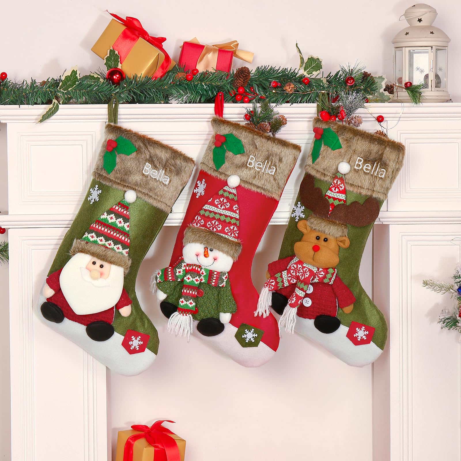 Gemszoo Personalisierte Weihnachtsstrümpfe, personalisierbar, mit Namen, Weihnachtsdekoration, großer Weihnachtsstrumpf, Geschenk, Strumpftasche (Stil 1 (3er-Pack)