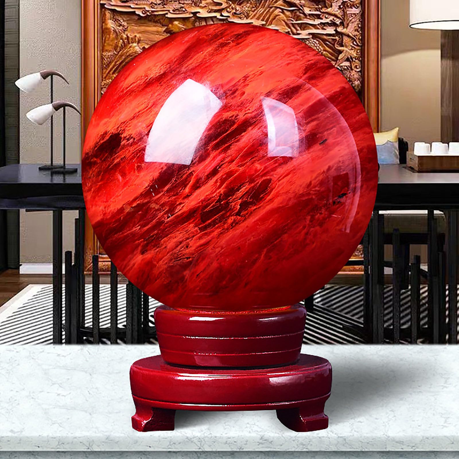 Czerwona kula z obsydianu z podstawą, naturalna kryształowa kula rubinowa, kula z kryształu kwarcu do medytacji, uzdrawiania, Feng Shui i dekoracji domu,200mm=7.87inch