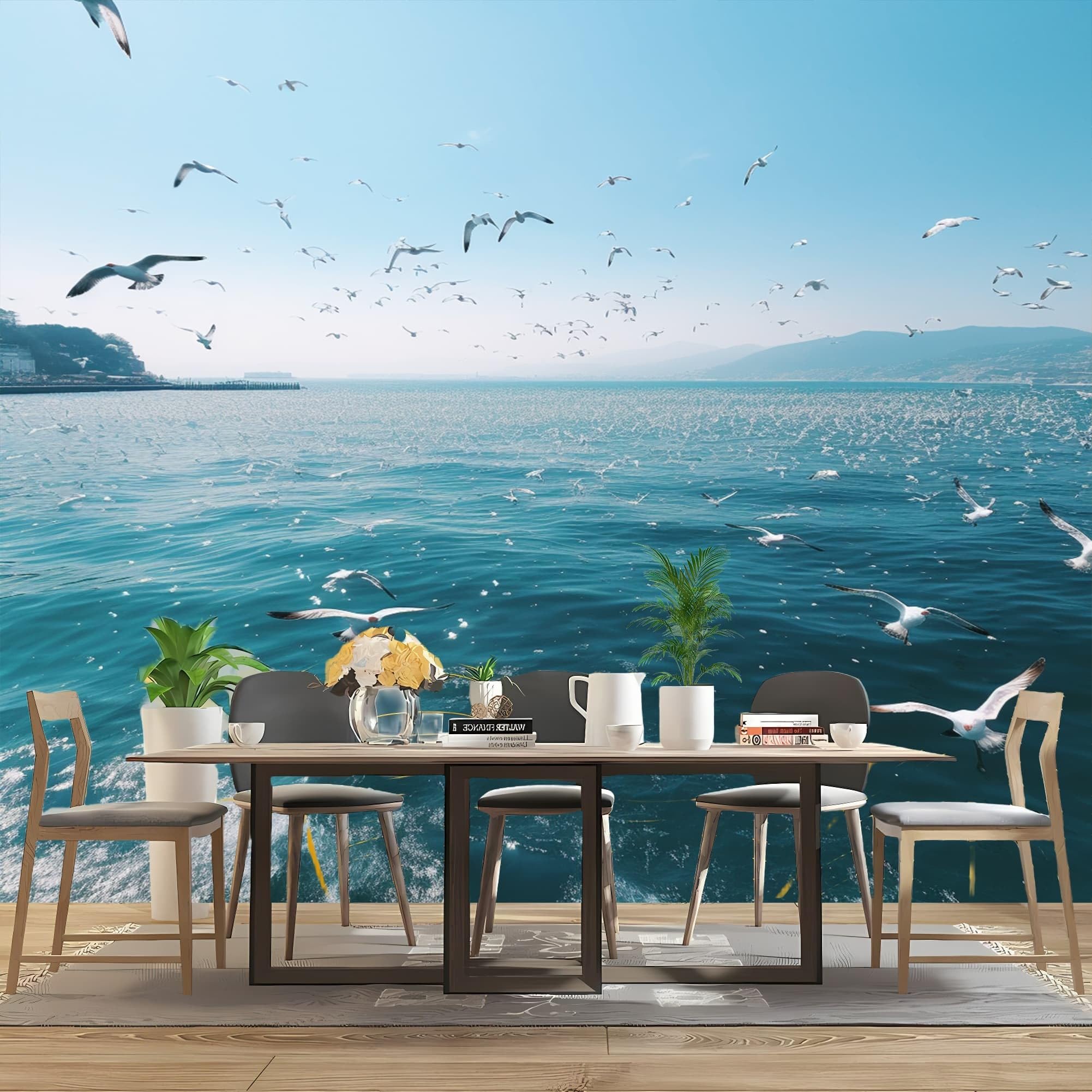 Odporna na wilgoć fototapeta 400 x 280 cm, zwierzęta morskie i ptaki, tapeta ścienna, tapeta ścienna, niebieska, do salonu, korytarza, nowoczesne wzornictwo, obraz ścienny, dekoracja ścienna
