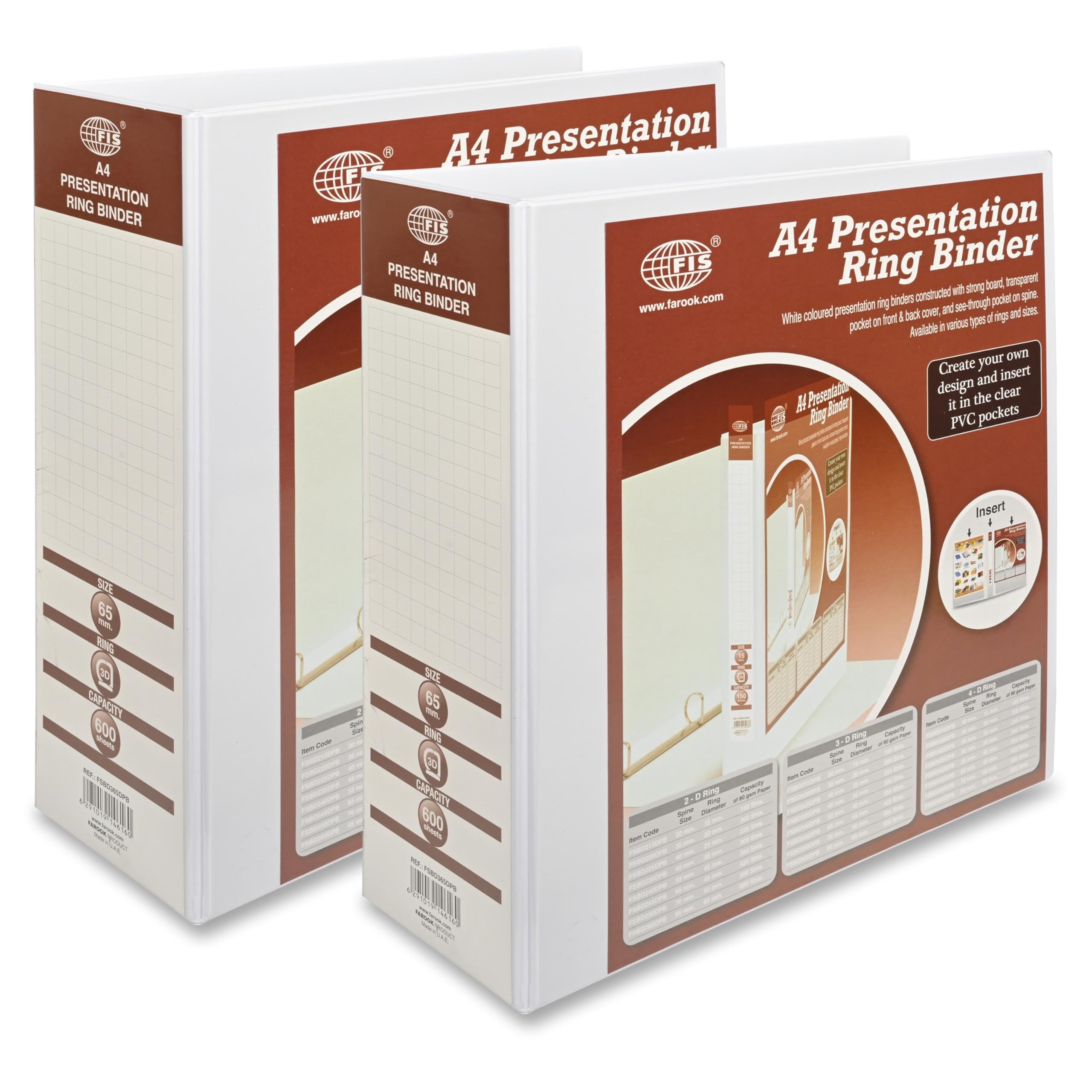 FISPresentation Binder, A4 Size(210x297mm), 3[D]Ring Type, 65mm Ring Size, 3.75" Inches Spine with Clear PVC Pocket For Easy Insert Your Label Design, Packet of 2 Pieces, White Color-FSBD365DPB/2