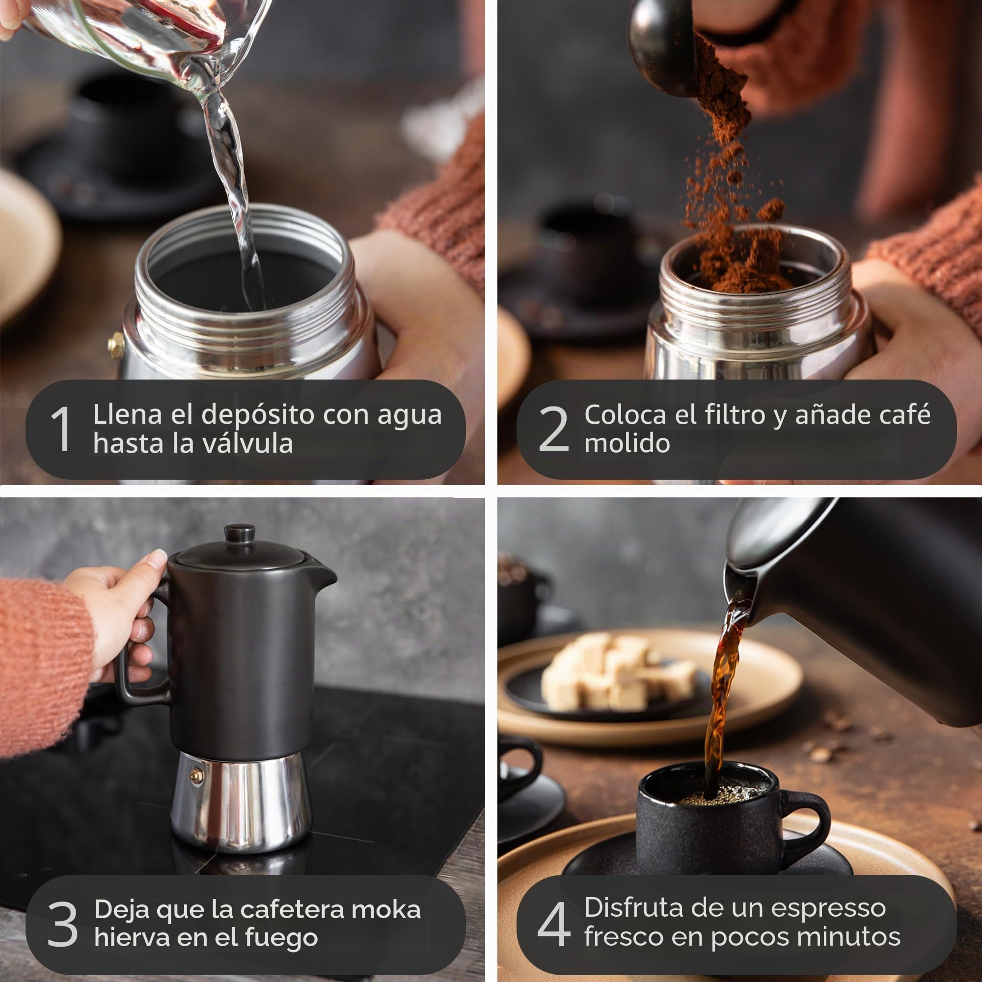 Steinzeit Cafetera espresso de diseño de cerámica (300 ml) – Cafetera de inducción apta para todo tipo de fuegos – Cafetera moka con base de acero inoxidable y jarra de cerámica