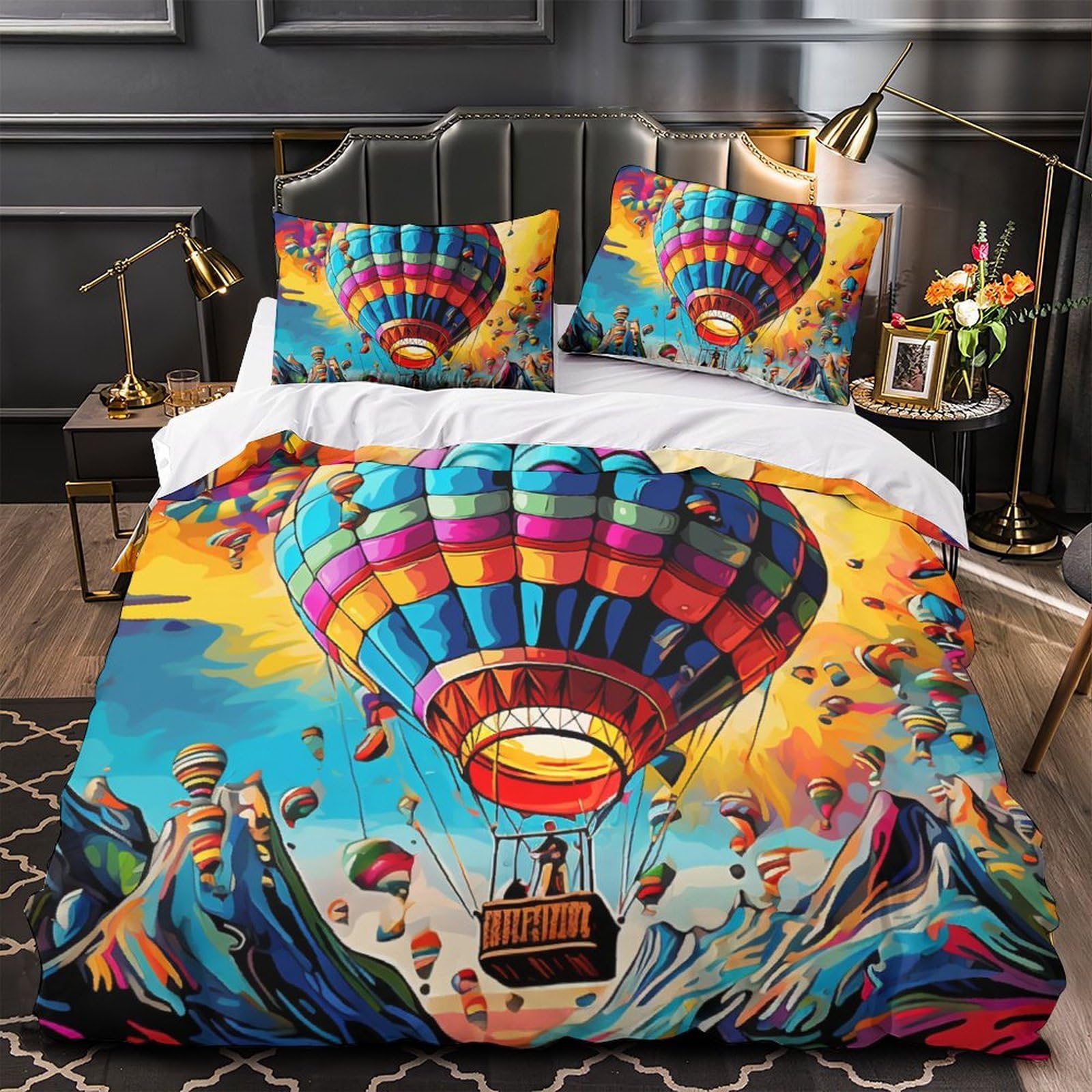 Palloncino ad aria calda 3D Stampa Set Di Biancheria Da Microfibra Set Copripiumino in Con Federa Con Chiusura A Cerniera 3 Pezzi Per Bambini E Adulti King（220x240cm）