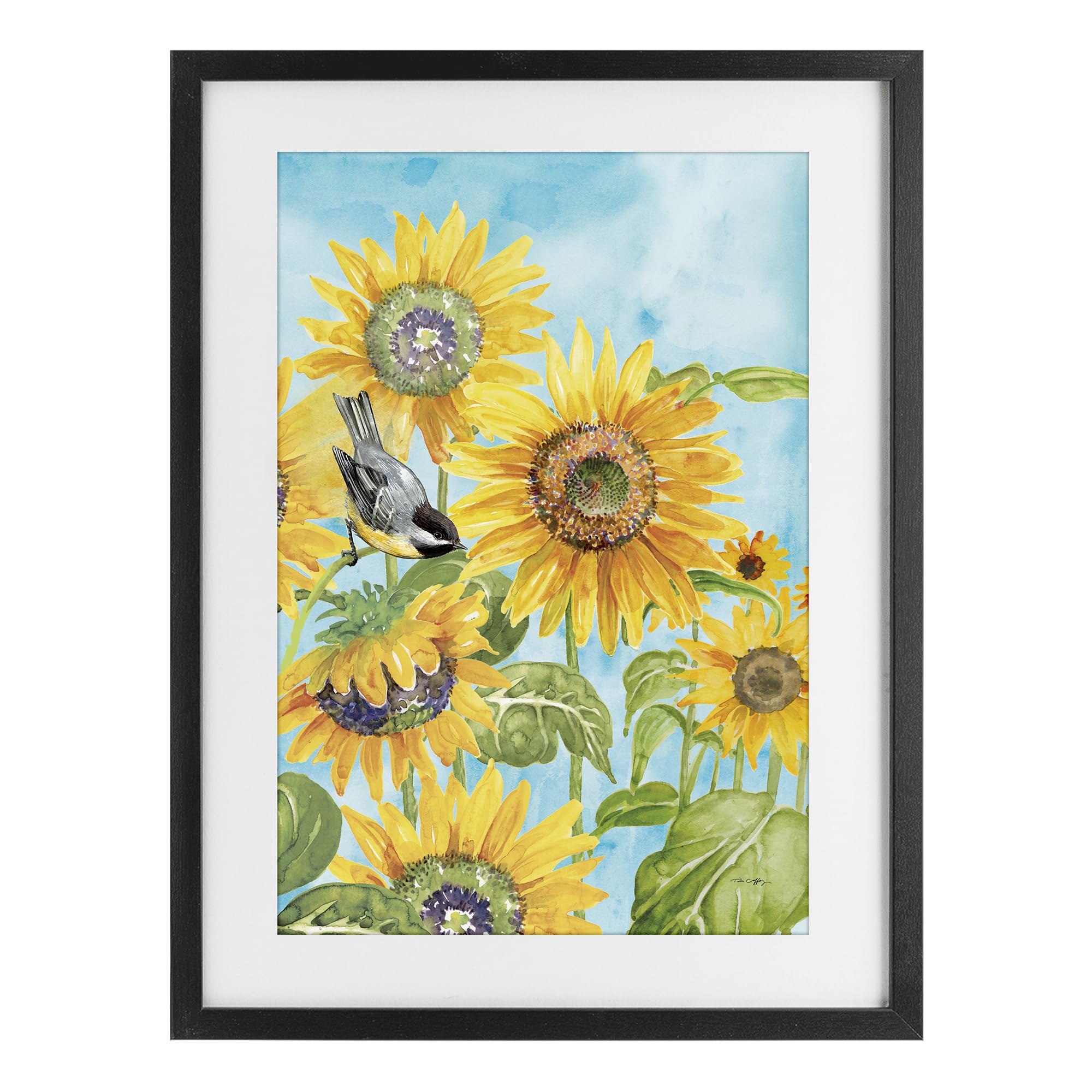 Stupell Industries Midnight Black (Textured) Sunflower Honey Bird Floral, 17 X 23 Inch Framed Print Under Glass