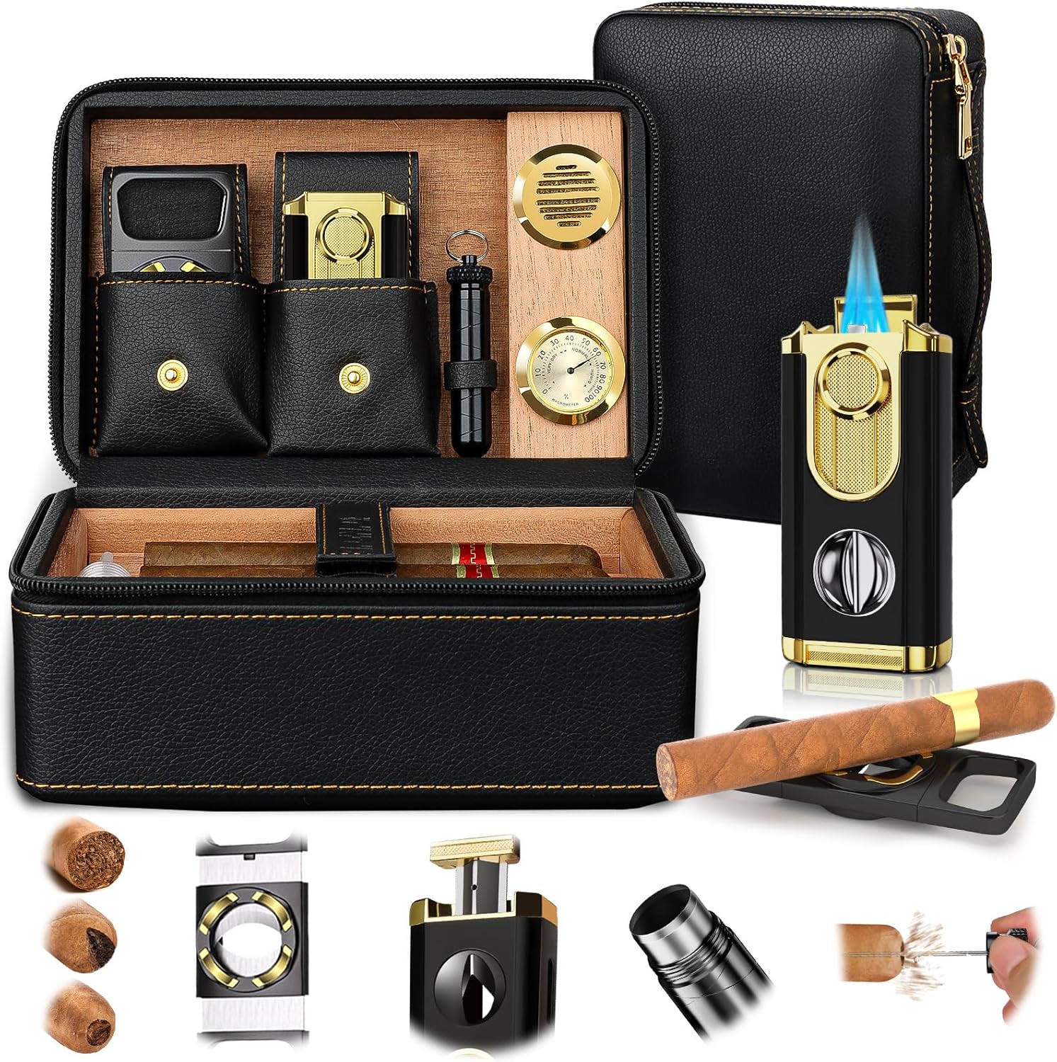 Travel Cigar Humidor Set, 2-Layer Design & CedarWood Lined, with Cigar Lighter Built-in V Cutter&Holder, Cigar Cutter, Draw Enhancer, Hygrometer, Humidifier, Portable Leather Cigar Case, Gifts for Men