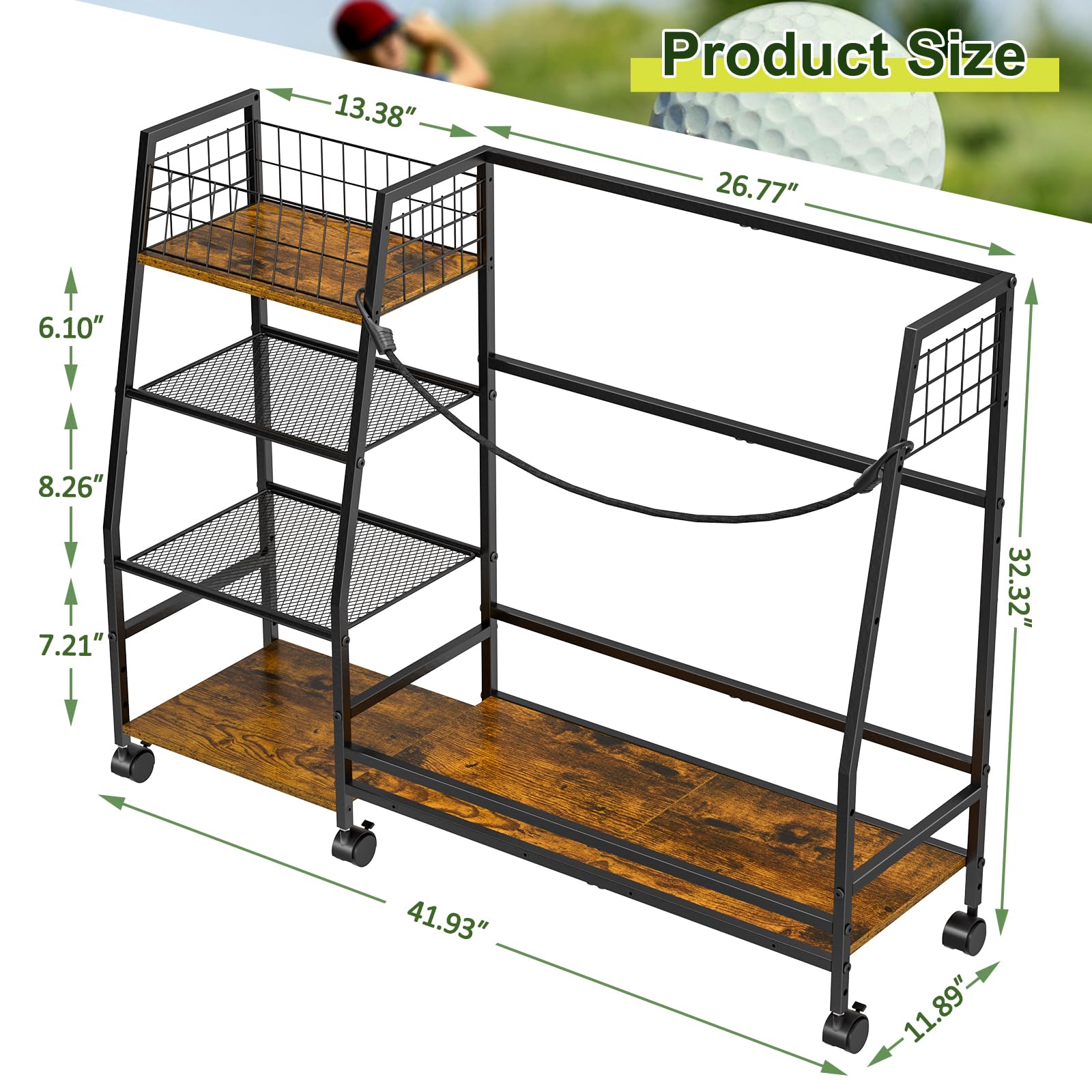 DAOUTIME Golftasche Garage Lagerregal mit Rollen, Organizer für 2 Golftaschen und Ausrüstungszubehör, ideal für Zuhause, Garage, Club, Schuppen, Keller – Stabile Holz- und Metallkonstruktion (Schwarz)