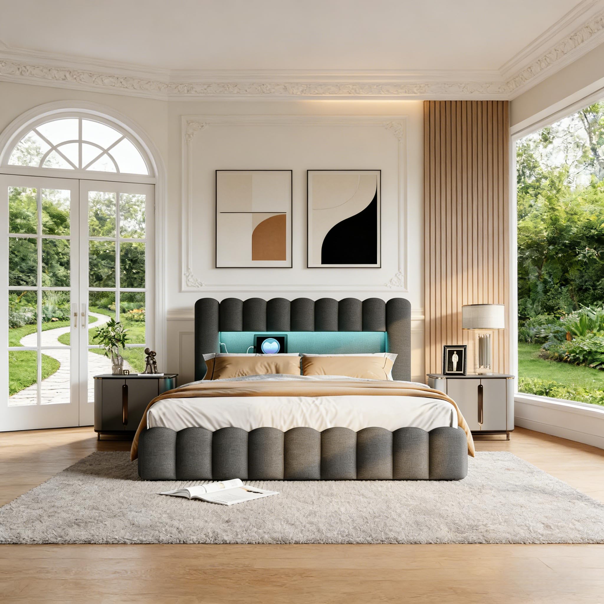 BRILVERDE Lit Coffre 140x200 cm,Tête de lit avec éclairage LED, Fonction de Chargement USB et de Rangement,Lit Double avec Rangement, sommier tapissier avec Rangement,Lin, sans Matelas(Gris, 140x200)