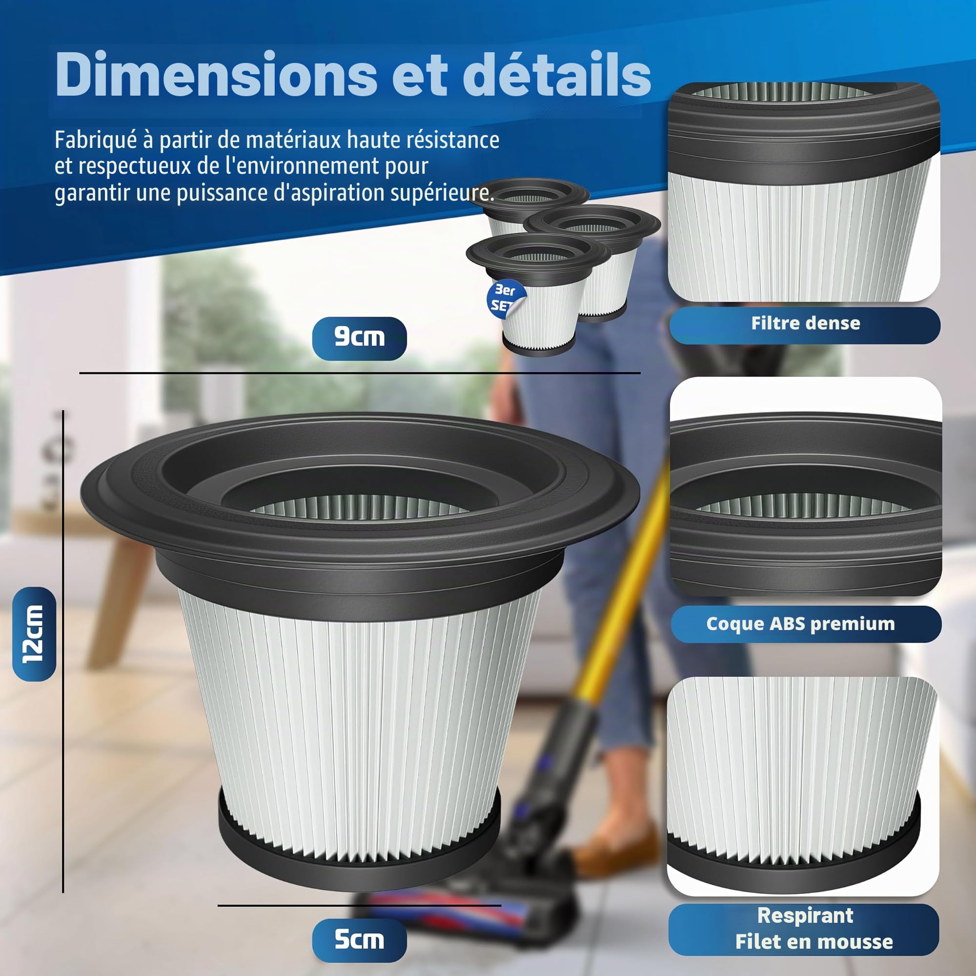 KESSER® Lot de 3 filtres de rechange compatibles avec les aspirateurs KESSER 3 en 1 pour aspirateur sans fil