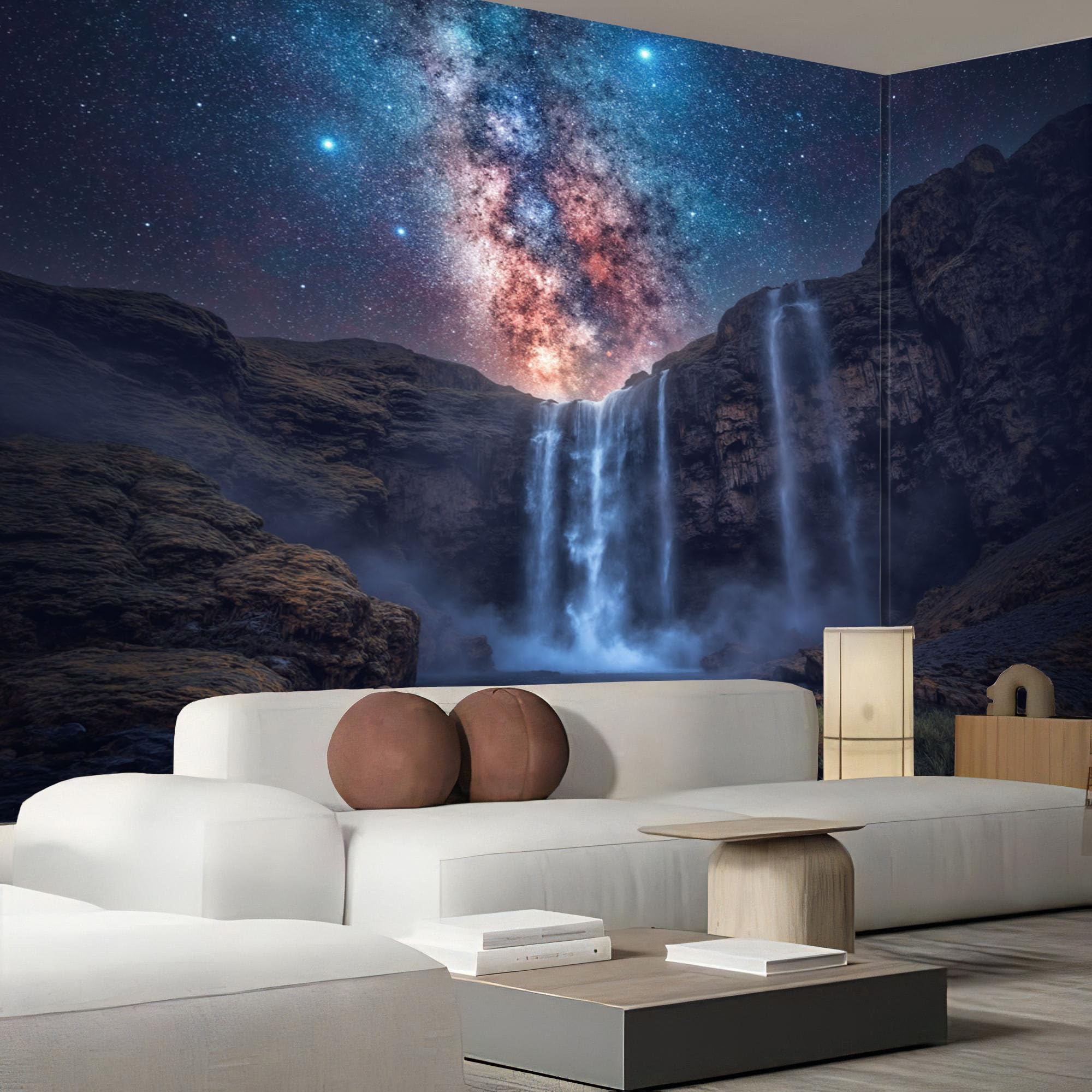 Papier peint panoramique cascade Islande intissé 450x315cm bleu